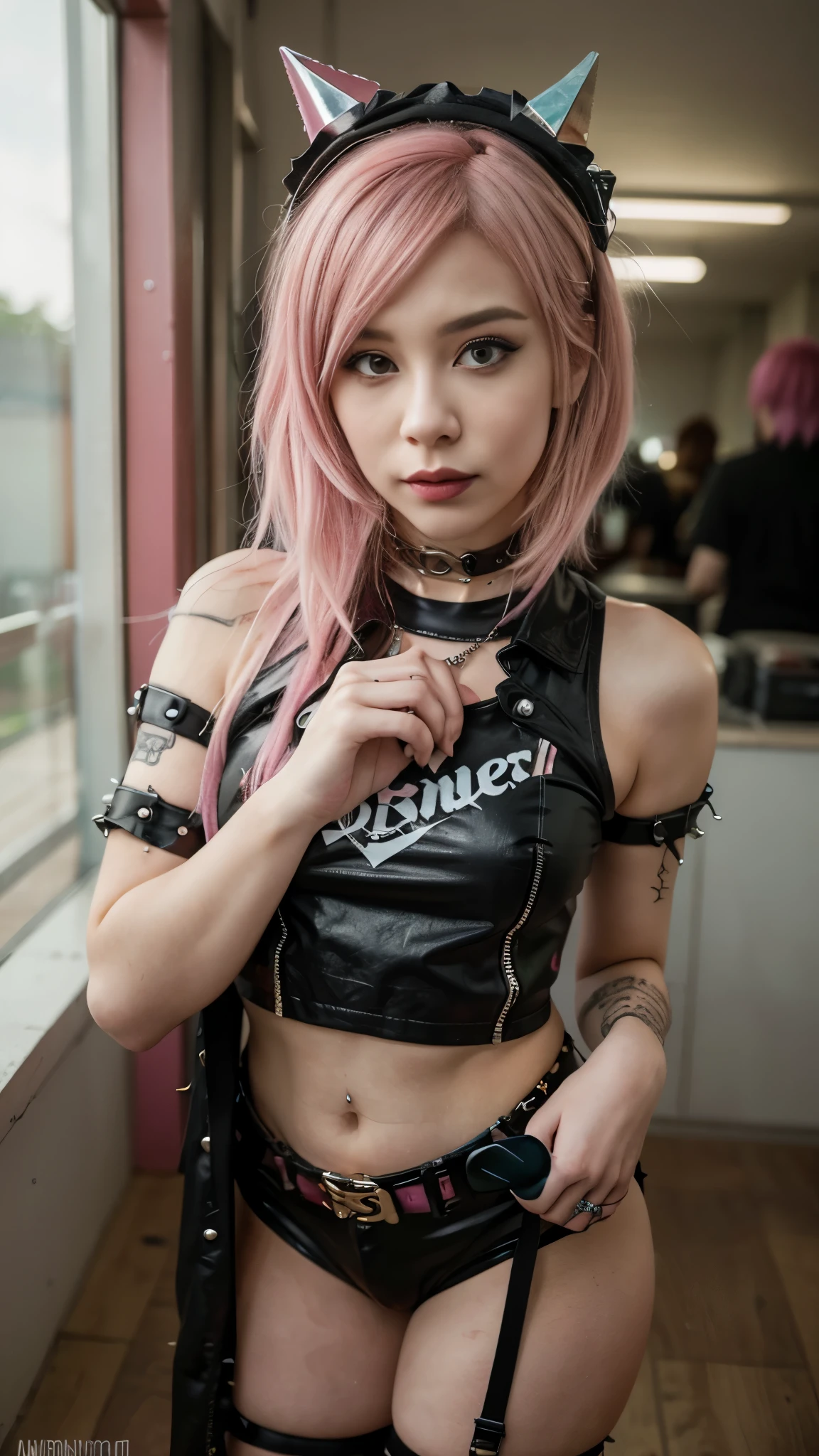 (A beautiful 15-year-old girl :1.3),(Seductively Posing :1.3),(Pink Hair :1.3),((Highest quality, 8k, masterpiece: 1.3)), Sharp focus: 1.2, Beautiful woman with perfect figure: 1.4, Slim Abs: 1.2, ((Layered Cut, big: 1.2)), (rain, street: 1.2), Wet body: 1.5, Highly detailed face and skin texture, Detailed eyes, double eyelid, Very short hair, studio, BDSM, slave, Black corset, bondage, Panties, woman tied with rope, handcuffs, bondage, tie, Put your arms behind your back, Constraints