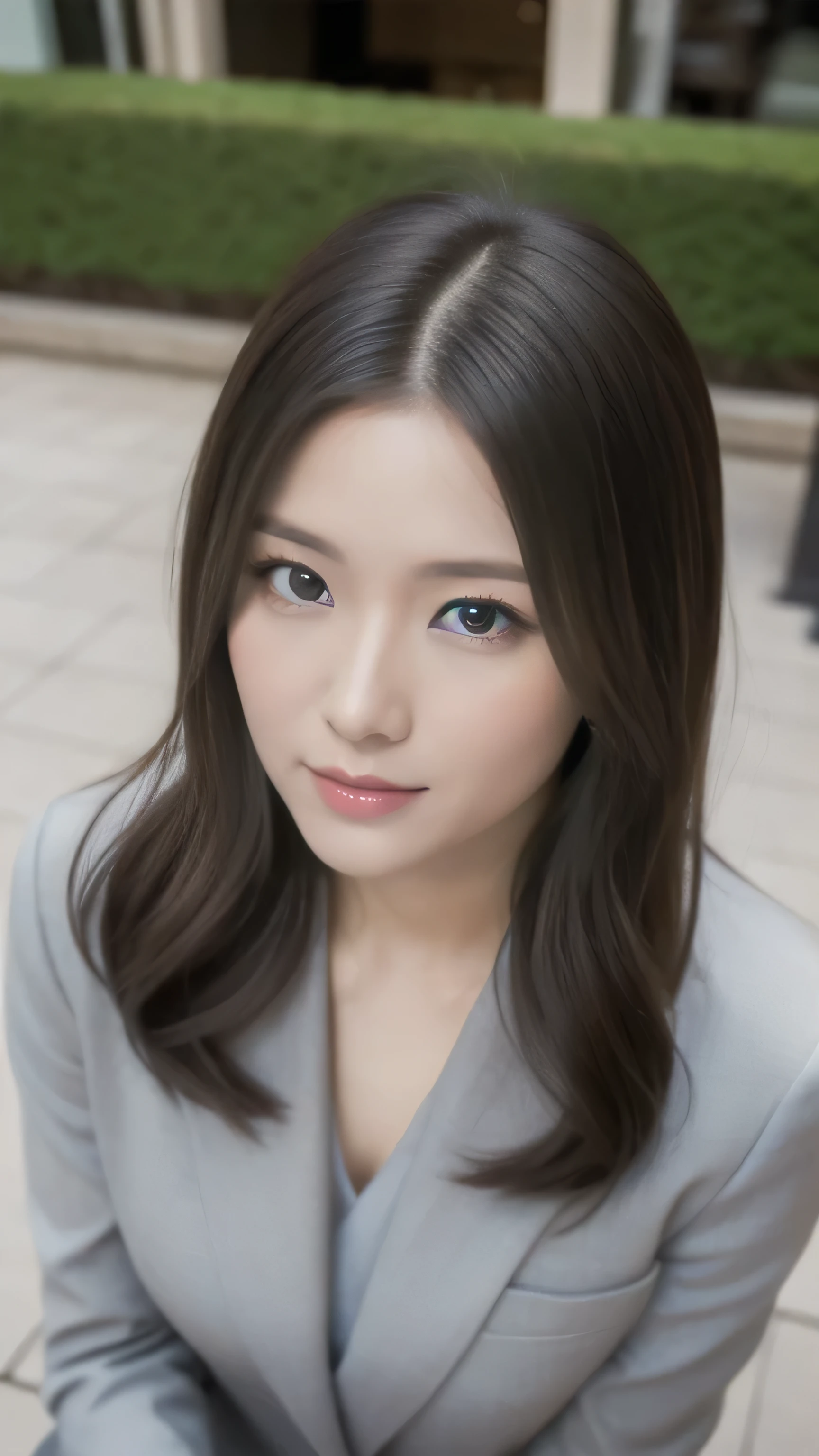 ((1 person))，hostess face、surprised expression、30 years old、married woman、suit、high quality、Super realistic、married womanの体型、日本人のmarried woman、 perfect eyes、Shining beautiful skin、Shopping Street、above the waist，shot from above