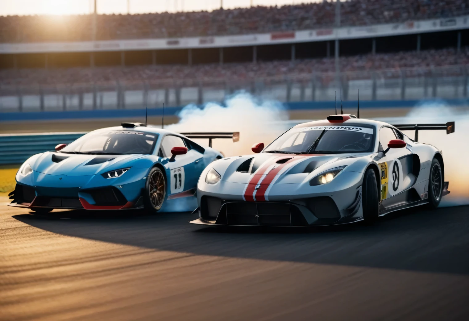 3 sports racing cars on a race track, the stands are blurred and blurred by speed in the background, with a focus on racing cars, background blurred due to high speed racing cars, Racing cars overtake each other and race, smoke from burning tires comes from under the wheels of racing cars, realistic, Artistic photo, Racing cars shown in detail., action scene, High resolution 32K, shallow depth of field f/2.8, Excerpt 1/25