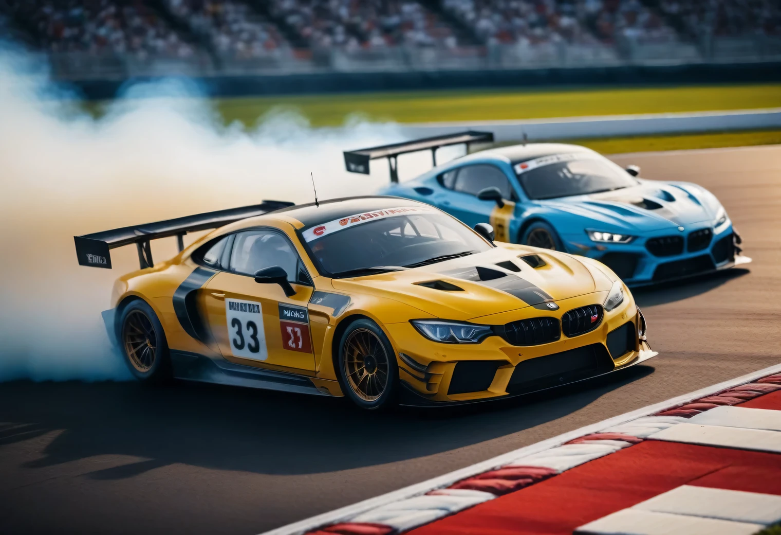 3 sports racing cars on a race track, the stands are blurred and blurred by speed in the background, with a focus on racing cars, background blurred due to high speed racing cars, Racing cars overtake each other and race, smoke from burning tires comes from under the wheels of racing cars, realistic, Artistic photo, Racing cars shown in detail., action scene, High resolution 32K, shallow depth of field f/2.8, Excerpt 1/25