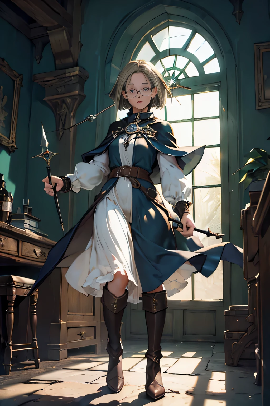 (((((girl))))), masterpiece, super detailed, 8K portrait, Raw photo, female portrait photography, full body, Highly detailed smile, ((fantasy)), (((hobbit))), ((adult)), 45 years old, 110cm, (((Alchemist))), ((white skin)), (((greenish dark brown bob hair))), dull bangs, (((navy blue silk long cloak))) fluttering in the wind, (((white inner coat))), leather groove, (((Glasses))), (((equip a cane))), midday sun, surreal, slender body, Near the fog castle, environmental lighting, shadow details, focus the camera on the face, strong wind, light fog