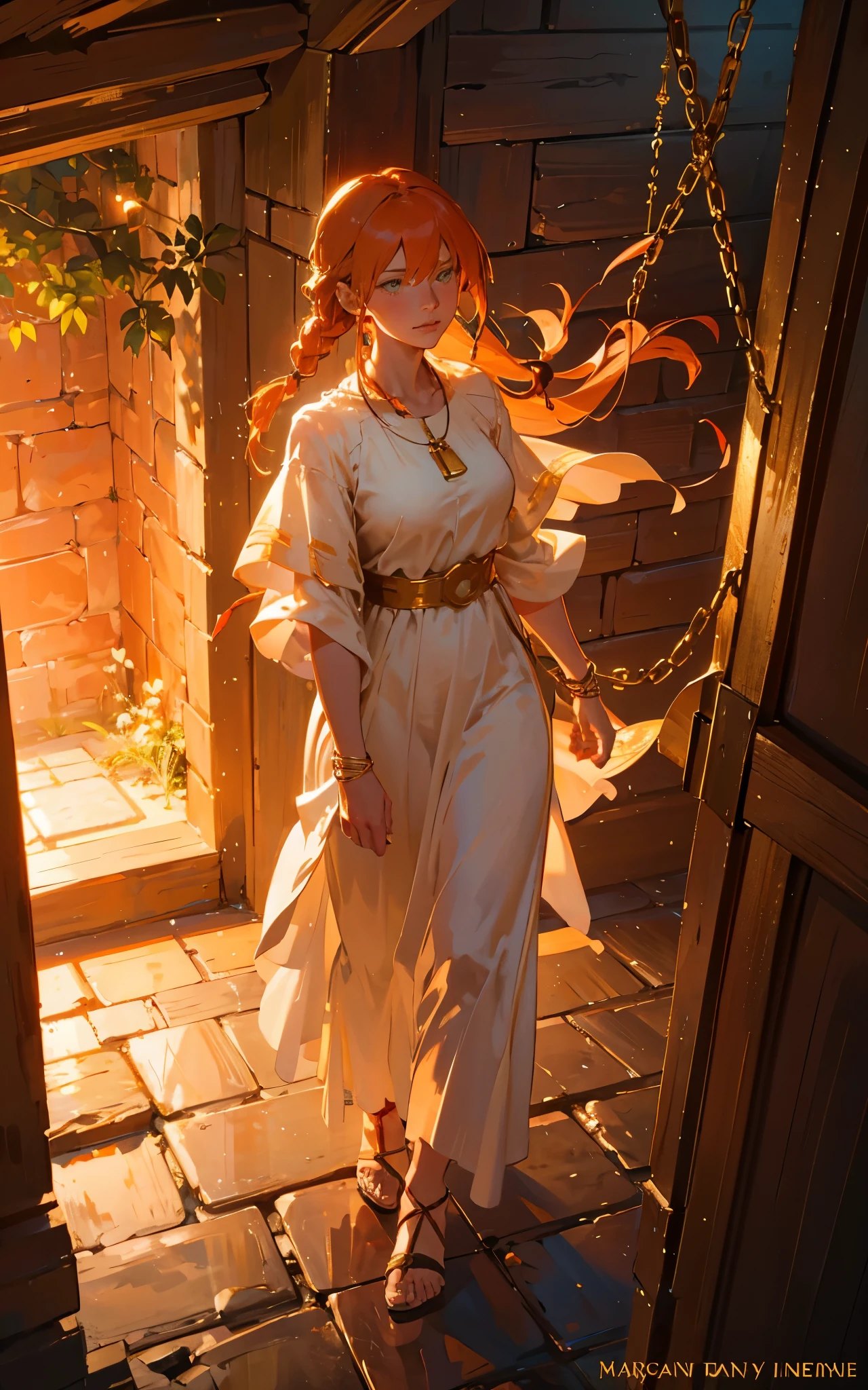 Flamme, (young Lena Headey:Evangeline Lilly), A 35-year-old woman with orange hair, green eyes, sideburns, one large braid, a gold necklace with a ruby pendant, dressed in a white Greek tunic and Roman sandals, with gold bracelets on her arms, forest in the background, masterpiece, hyperdetailed,((1girl)) ,bangs,braided ponytail,single braid,orange hair,very long hair,sidelocks,red earrings,hair over one eye,

