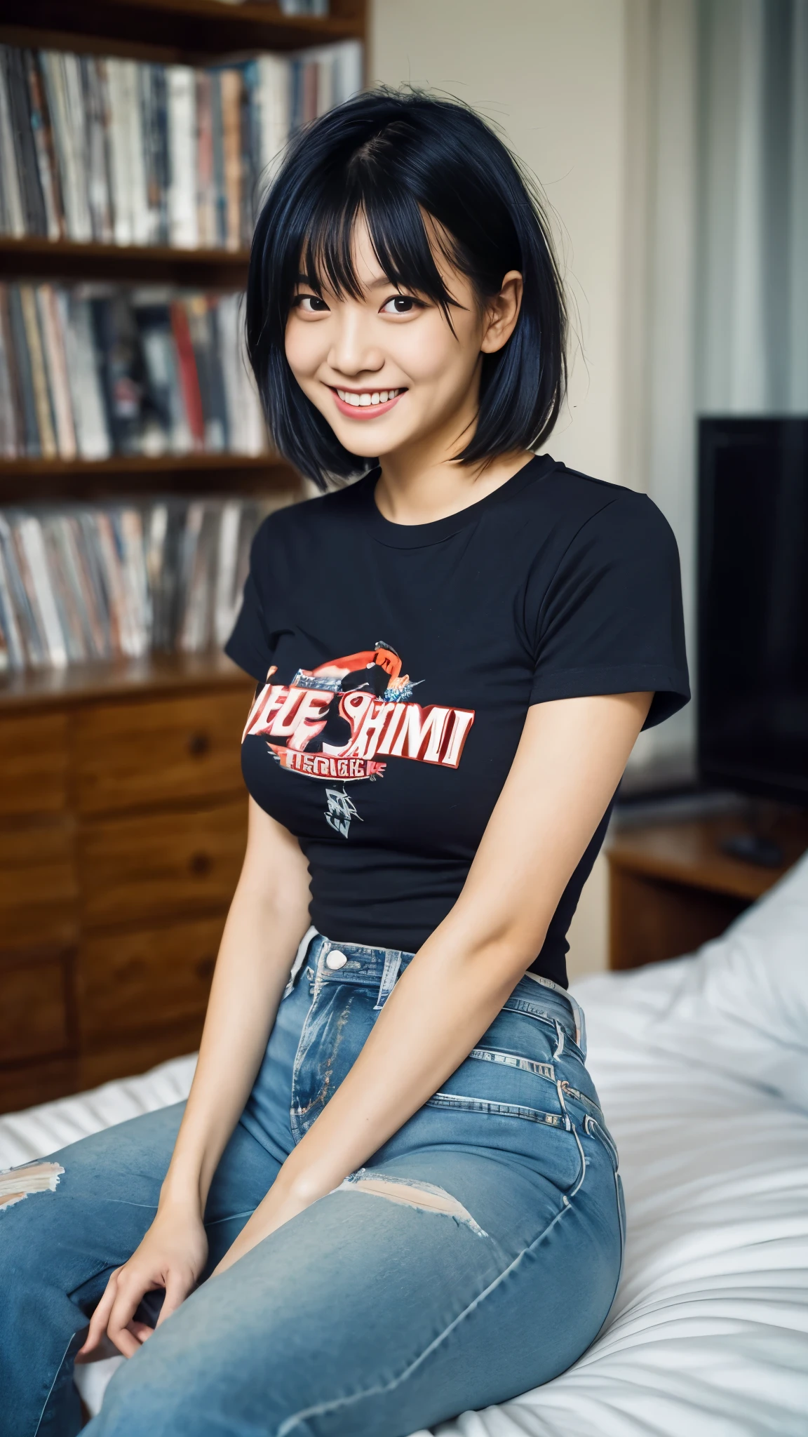 highest quality, 1 girl, ((looking at the viewer)), dark blue hair, black eye, very short hair, spiky hair, Ahoge, T-shirt, high waist jeans, 171cm, messy hair, hair between eyes, medium breasts, big breasts, Plump, black skin, tomboy, adult, 20-year-old, 1 girl, alone, only, grin and laugh, wide hips, thighs, Are standing, messy room, Bedroom, shelf, DVD, Book, video game, computer, CD, record, VHS tape,