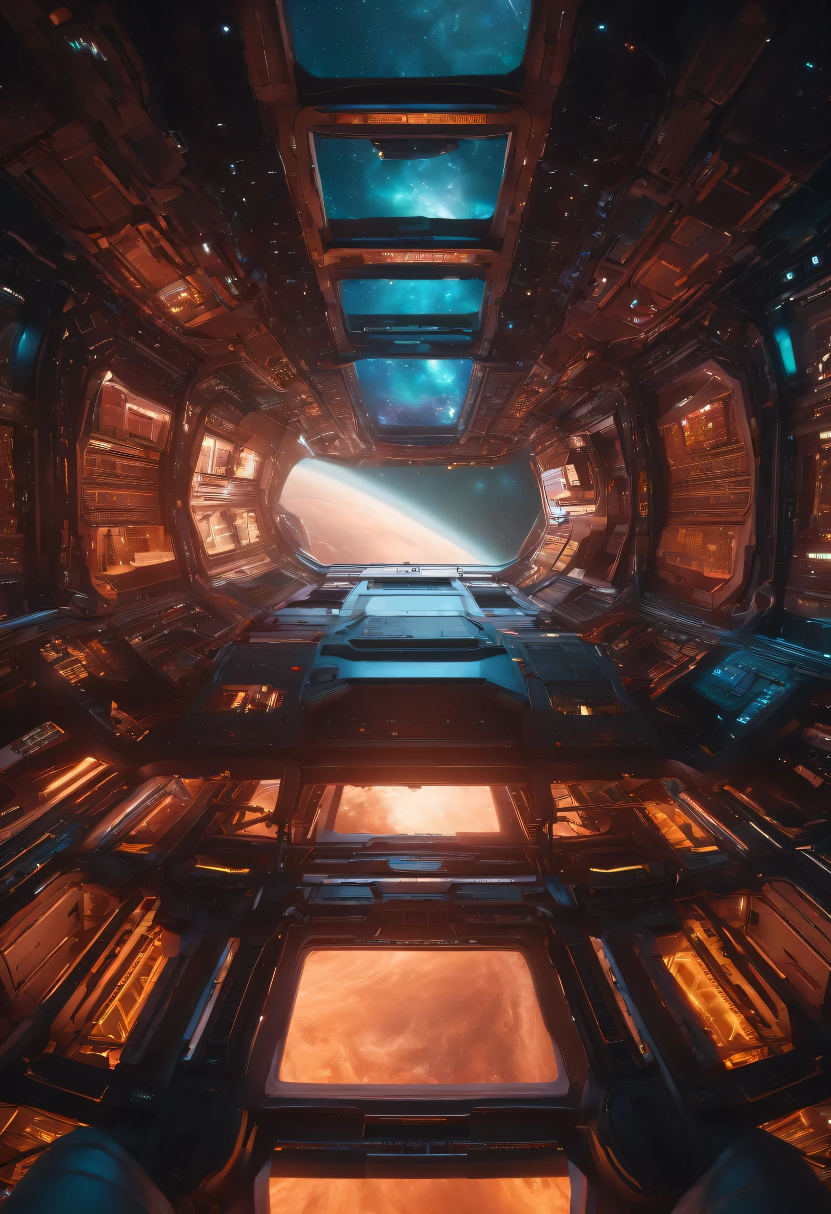  State-of-the-art technology, breathtaking, Extremely detailed,(masterpiece, Super detailed, hyper quality), (((wide shot))), Futuristic space station rendered in jewel tones, cinematic lighting, bright colors, in frame, ,photo r3al