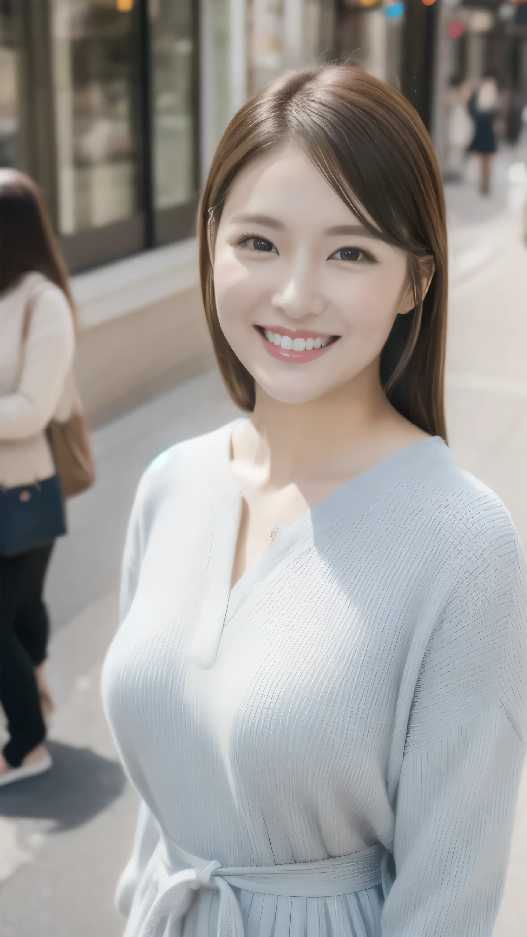 ((1 person)),hostess face、smile、30 years old、married woman、spring clothes、high quality、Super realistic、married womanの体型、日本人のmarried woman、 perfect eyes、Shining beautiful skin、Shopping Street、above the waist,shot from above