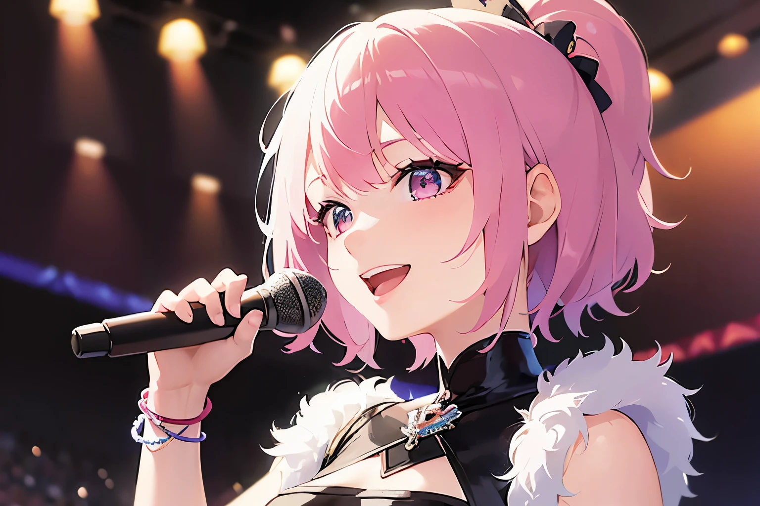 holding a microphone、idol costume、singing, Realistic, real person, RAW photo, photorealistic, portrait photography, shiny skin, japanese idol、pink hair、bob cut hair with bangs、smile, 20 year old woman with pink eyes、Alone、The background is a concert venue,