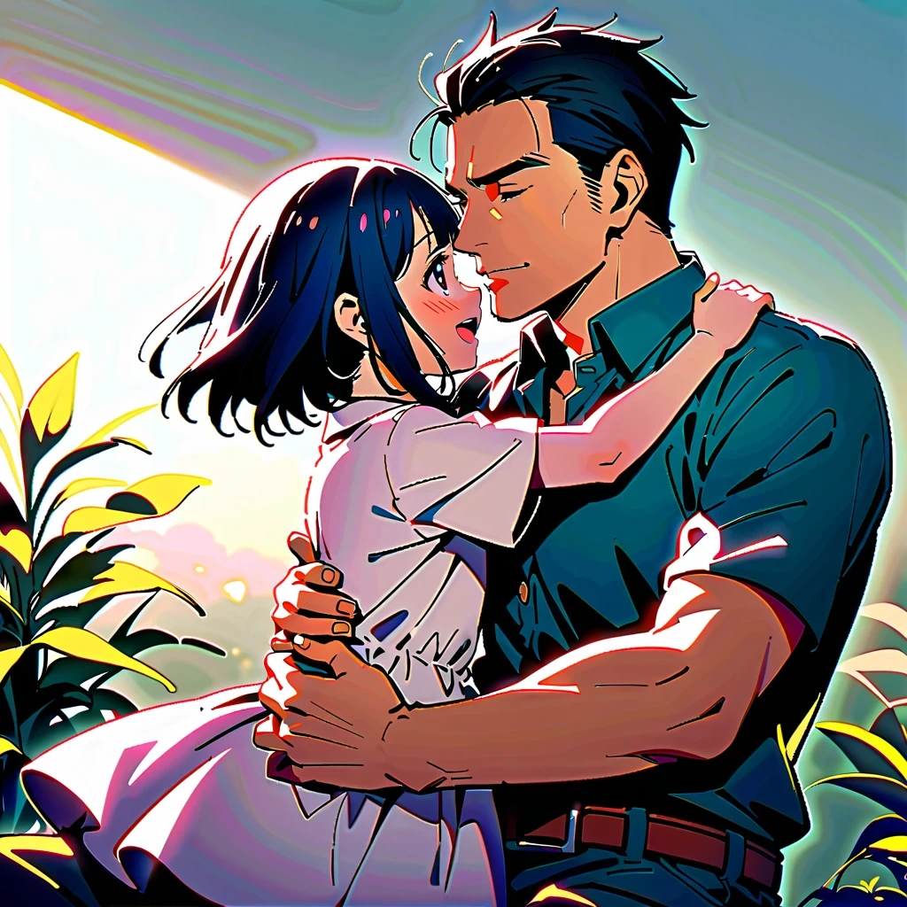 This picture should be a scene of two anime characters embracing，Highlight the heroism of men and the tenderness and innocence of s。Background should be simple but detailed，Highlight the emotional communication between characters。