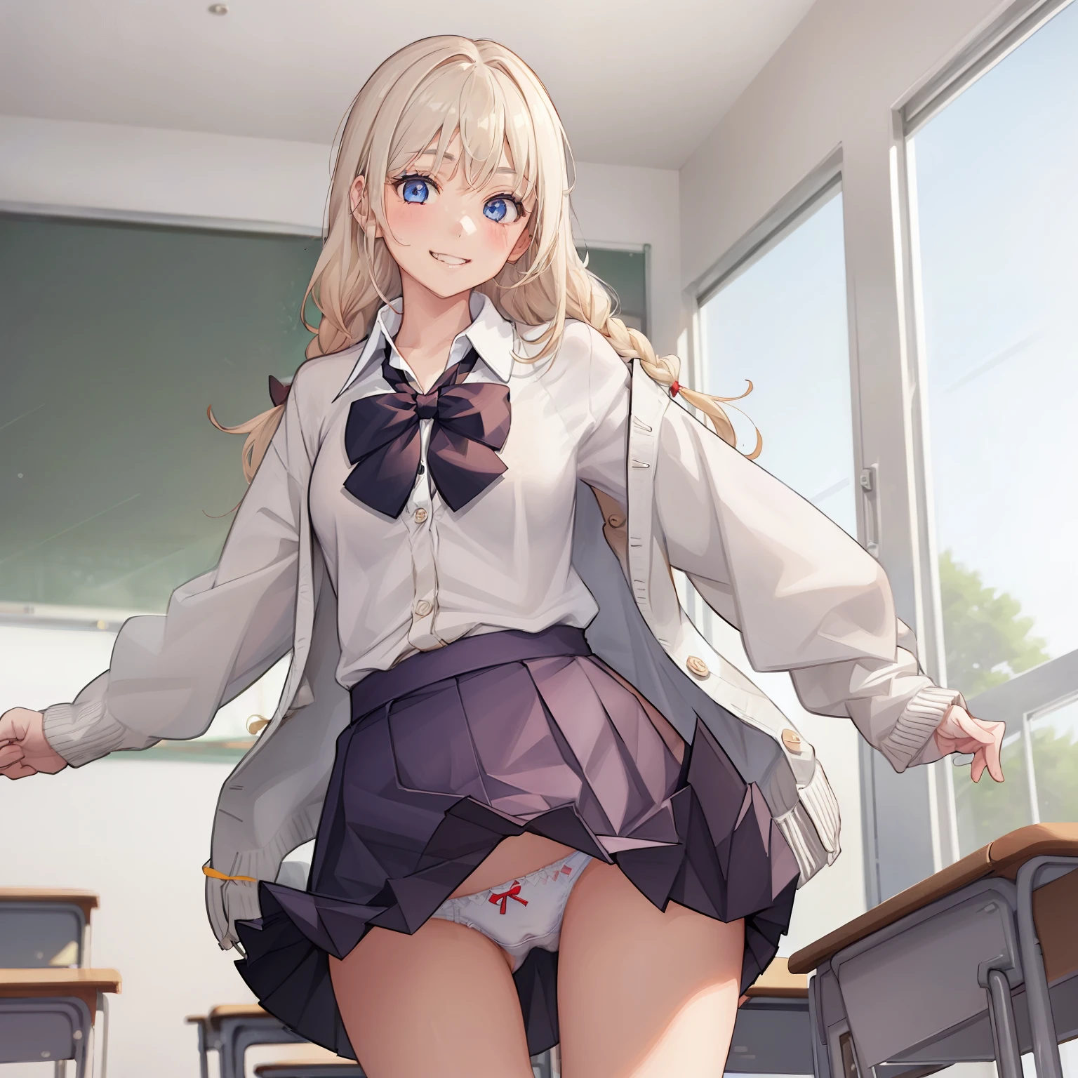 ((1 girl:1.5))、(smile:1.5)、、（cowboy shot）、(fun!!)、(white cardigan:1.5)、(blonde)、blush、(single braid)、(eye highlights:1.3)、blake black shoes,(黒いskirt:1.5)、bow, button, shirt with collar, long sleeve,  ((red bow tie, ,, white shirt, チェック柄のskirt:1.5、white socks)),, shirt,, skirt, socks, thighs, white shirt, Rest indoors, ((classroom:1.5))、 BREAK while watching the audience,cowboy shot、(skirtlift:1.3),(highly detailed white panties:1.3)、(highly detailed panties:1.3)、、(skirt that rolls up:1.3)、(fully exposed panties:1.5)、blue eyes