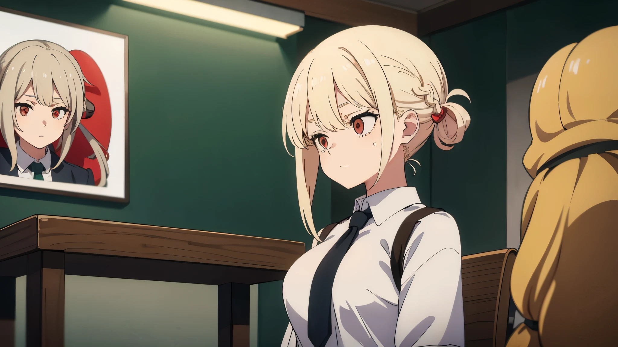 4K photo of a young woman with blonde hair, 17 years old,big breasts, red eyes, Long ponytail hair,Green braid tied in a bow on the left...,, Wear a short-sleeved white shirt with a tie, a short black skirt and stockings.,  wearing earrings sitting in the classroom.with a hateful expression