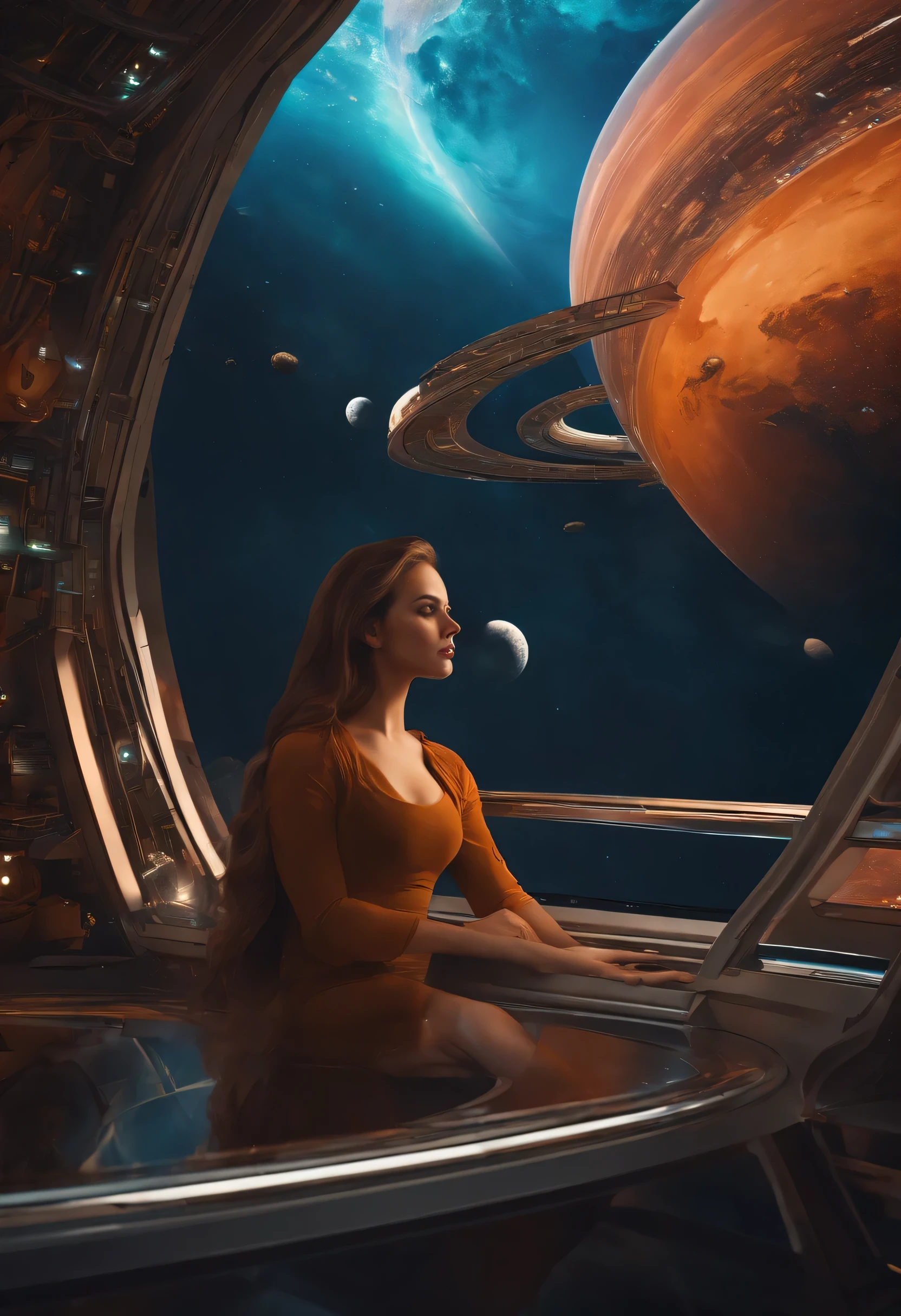 beautiful girl, beautiful face, beautiful eyes, beautiful girl, beautiful face, beautiful eyes, State-of-the-art technology, breathtaking, Extremely detailed,(masterpiece, Super detailed, hyper quality), (((wide shot))), Futuristic space station rendered in jewel tones, cinematic lighting, bright colors, in frame, ,photo r3al