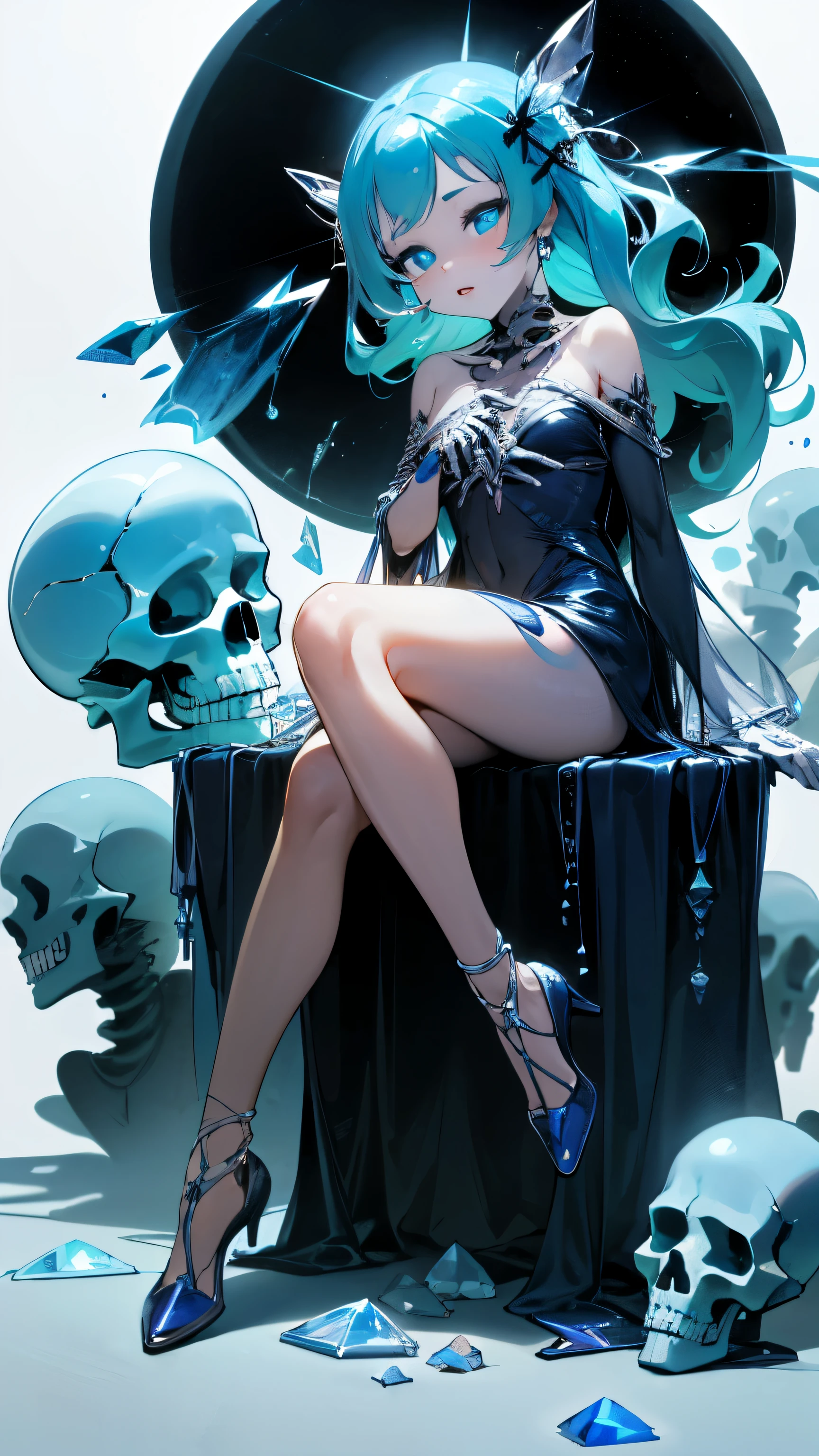 (white background:1.5), 1 girl, mid shot, full body, (((transparent ghost girl's soul comes out of the body))), focus on the face, ((rich in details, sitting gracefully on the crystal skull pile, looking down)), magazine cover, (rich in details), masterpiece, Gothic, (crystal skull decoration, crystal skull pattern), (horrible atmosphere), long eyelashes, large eyes, fine eyes, cyan transparent lips, ((beautiful and delicate face)), shadow, Tindal effect, (Balance and coordination between all things), ((sickly, cruel, evil, lovely)), (glowing blue eyes, particle effects), (delicate crystal skeleton human body, hand bone of crystal skeleton, leg bone of crystal skeleton), bony beauty, ribbon binding, (delicate crystal bone), absurdity, blue flame, plasma, particle effects, crystal clear texture, star_\(sky\), space, d, High detailed , xjrex, 3DMM ,lactating,masterpiece