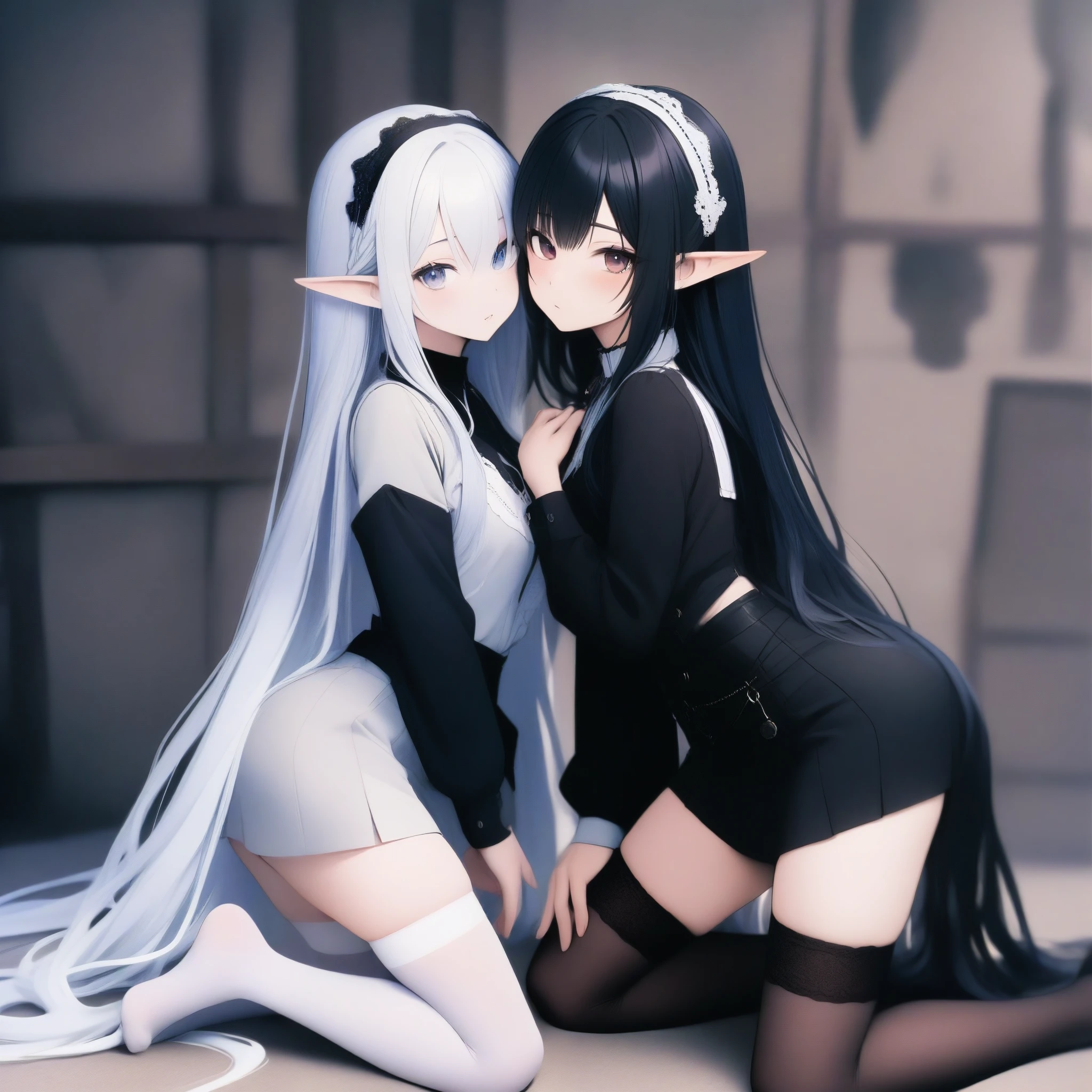 Dark Elf, 2girls, pointy ears, thighhighs, long hair, kneeling, black hair, looking at viewer, white hair