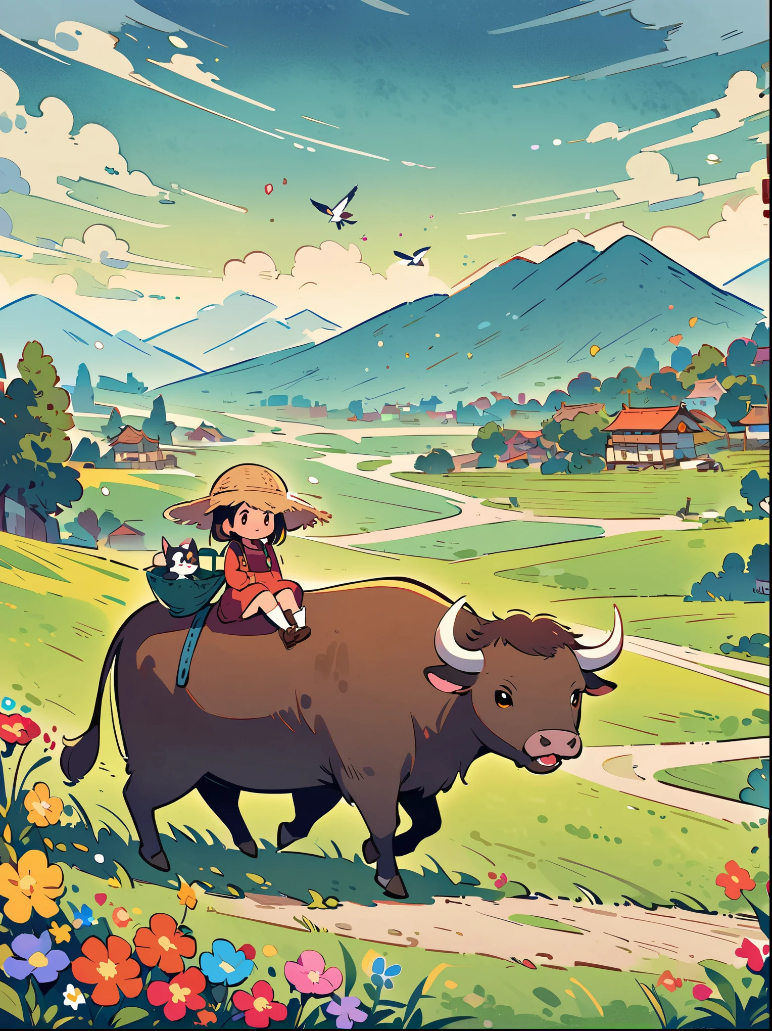 ((Vision:1.8)),cartoon illustration,simple,rainy day, A kitten wearing a straw hat, Sitting on the back of a buffalo, In a broad field with green grass, colorful flowers, willow, Swallows flying in the sky, The faint green mountains in the distance, village, The overall color is fresh and elegant, Tunnel combination,color to stay, correct human anatomy
