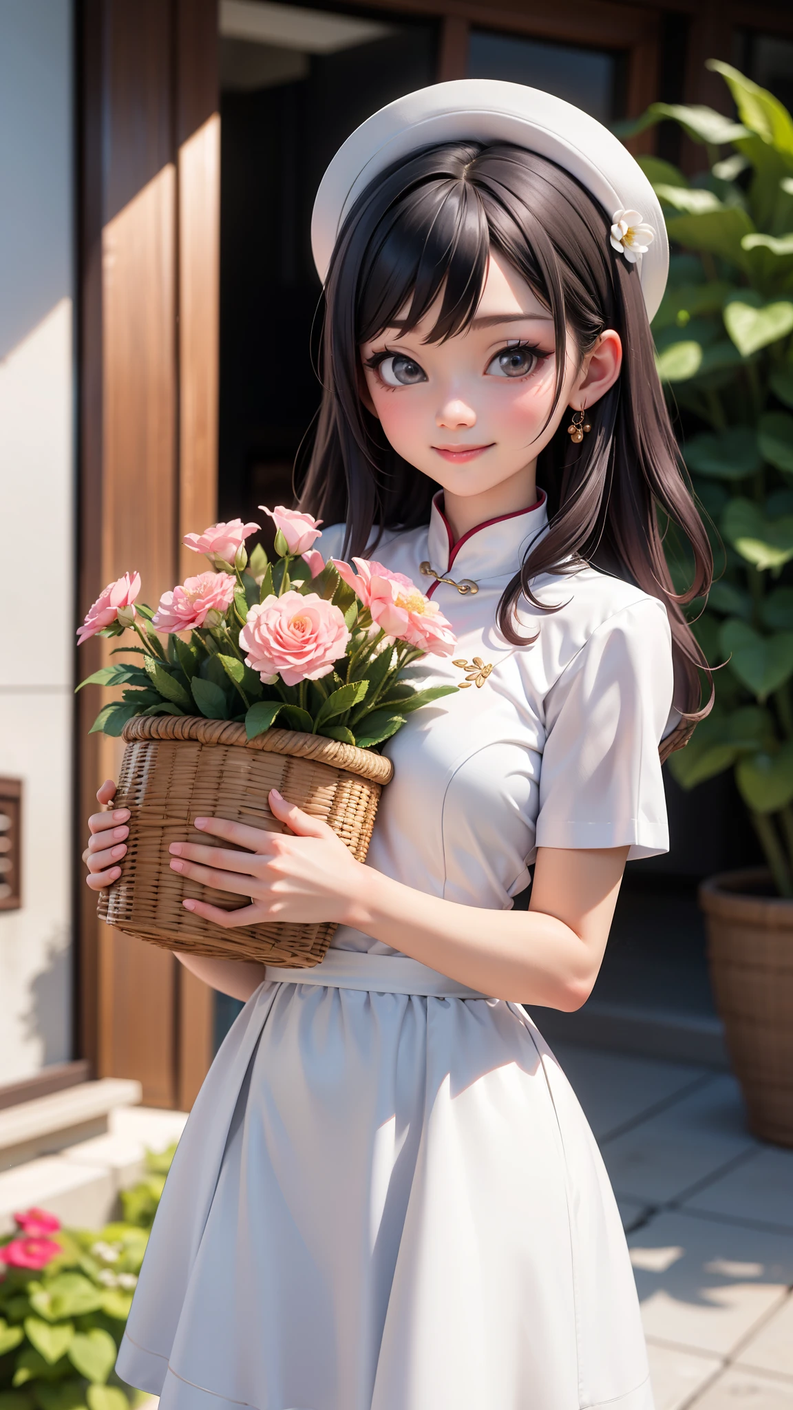 aodai, smile, photographed on a Nikon Z7 II Mirrorless Camera,120mm F/4 wide-angle
a woman in a pink dress with flowers in it and a (basket of flowers), Ding Yunpeng, phuoc quan, a stock photo, art photography
a woman in a white dress holding a bouquet of...
