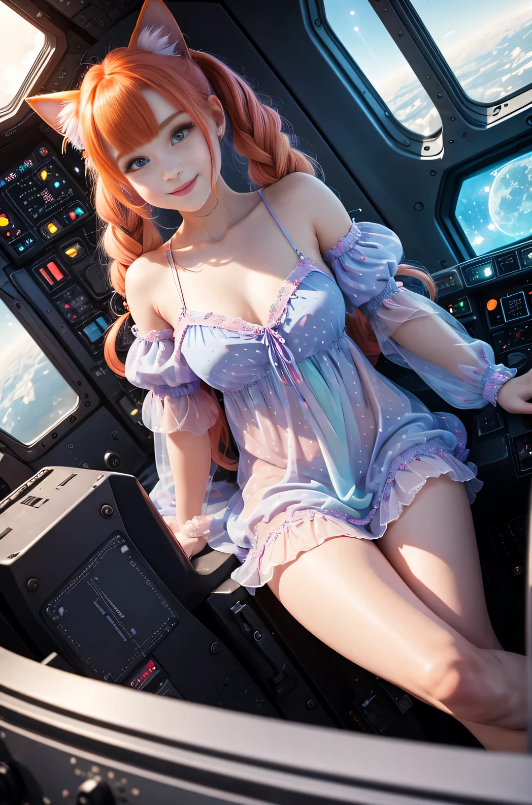 Best Quality, Masterpiece, 8k, RAW (overhead view) Cute redhead with rainbow colored hair tips, ribbons in her hair, cat ears,18-year-old woman, happy, smiling, in twin tails, perfect eyes, clear sparkling blue eyes, pale skin, silky smooth skin, flying a fancy metal luxurious space ship, futuristic cockpit, she's a pilot, outer space seen in windows, dark warm lighting, wearing a sheer, see though, pleated (chemise) nightgown (pastel rainbow colors, and polka dots), puffy sleeves.