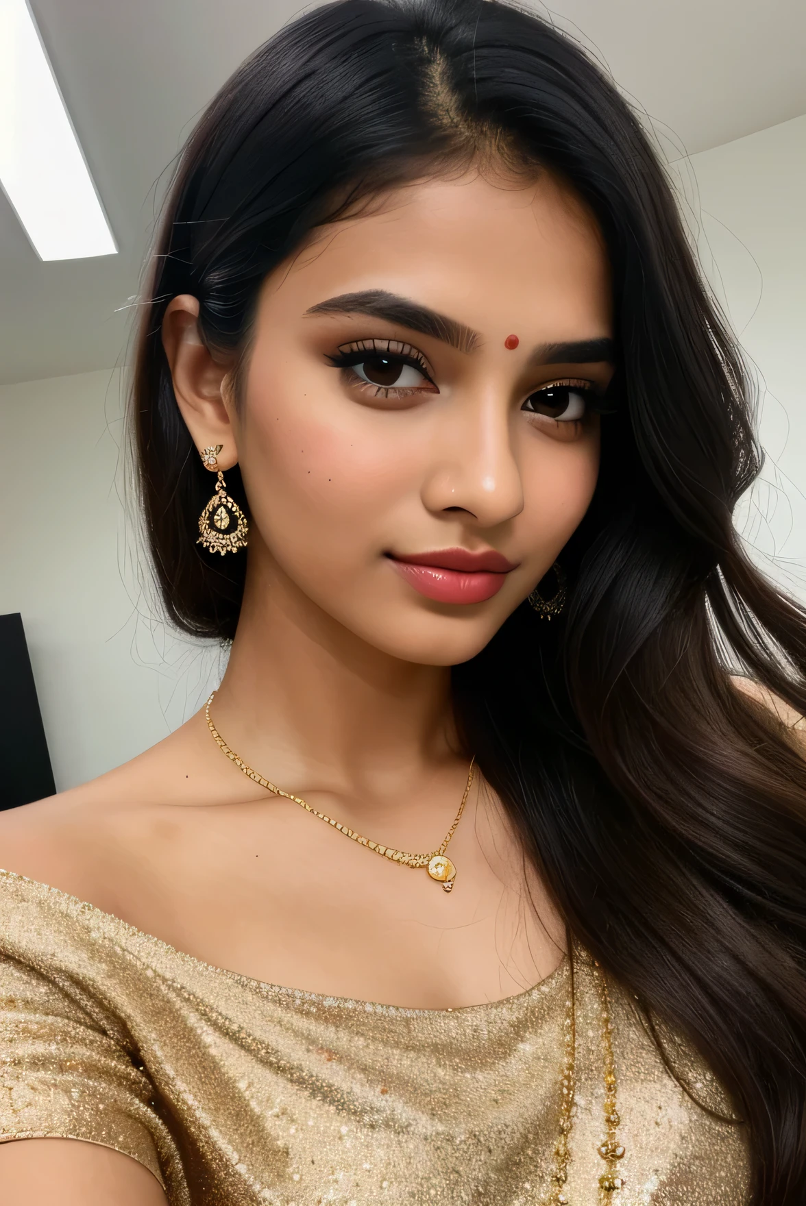 (best quality,highres:1.2),ultra-detailed,realistic,photorealistic:1.37,studio lighting,professional,vivid colors,portraits,modern,21 year old Indian girl,fashionista,fair,teeny,beautiful detailed eyes, hyper detailed skin, and facial hairs and details,beautiful detailed lips,extremely detailed eyes and face,long eyelashes,smoky eye makeup,flawless skin,glossy lips,trendy outfit,stylish accessories,iphone photo, no binding on forehead, stylish hairstyle, model, cute, looking into camera lens