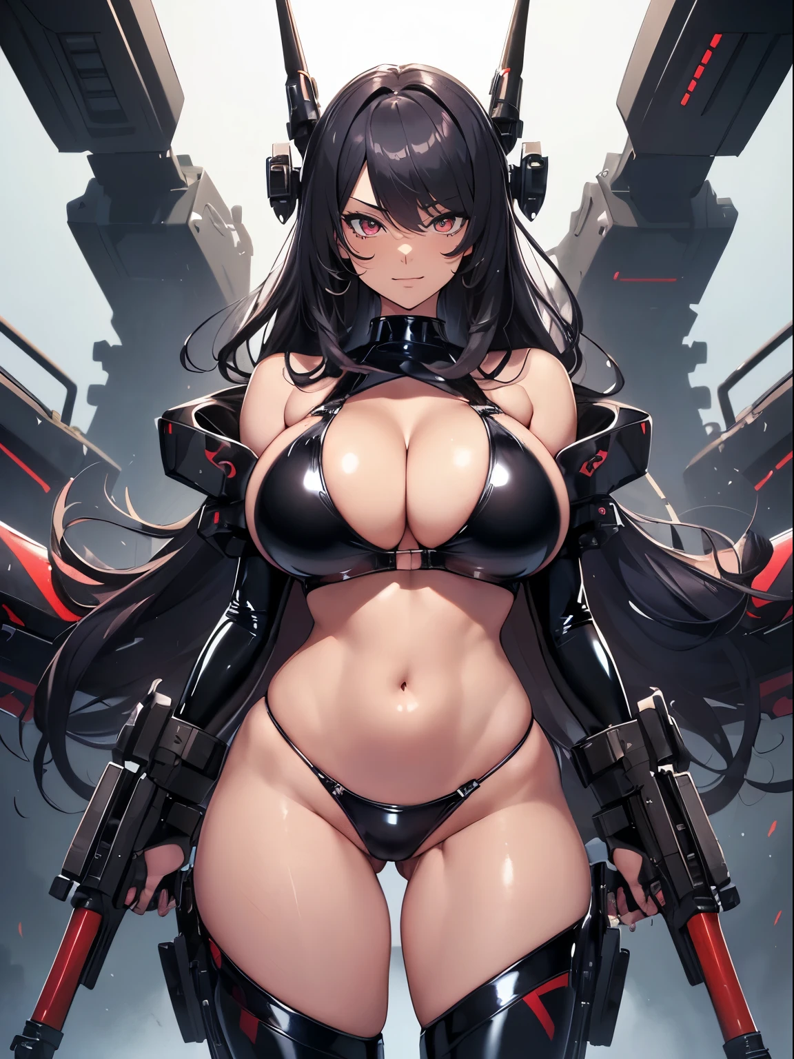 masterpiece, ultra-detailliert, 8k, hiquality, Top image quality, digitial illustration, Seductive Anime Girl, Combative posing, arched back、Depiction of dense hair, Detailed eye depiction, appearance Splash paint background in colors, Center, ((heavy weapons, armament:1.3))、((latex bikini:1.3 crop top:1.3))、((cleavage:1.3))、((crop top navel))、((highleg:1.3))、((huge breasts:1.3))、((huge hip:1.3))、((thick thighs))、((collarbone))、((cameltoe))、seductive smile、shiny skin、Sharp Focus, draw the full body, Glossy realistic skin texture, ((Hover effect:1.2)), Precise human body structure、Smooth texture