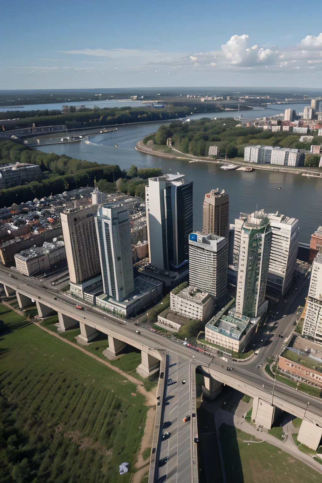 create an image on a topic: "Cherkasy – a city of the future". Cherkasy is a city in central Ukraine on the banks of the Dnieper.. The picture should contain elements of the future in urbanization