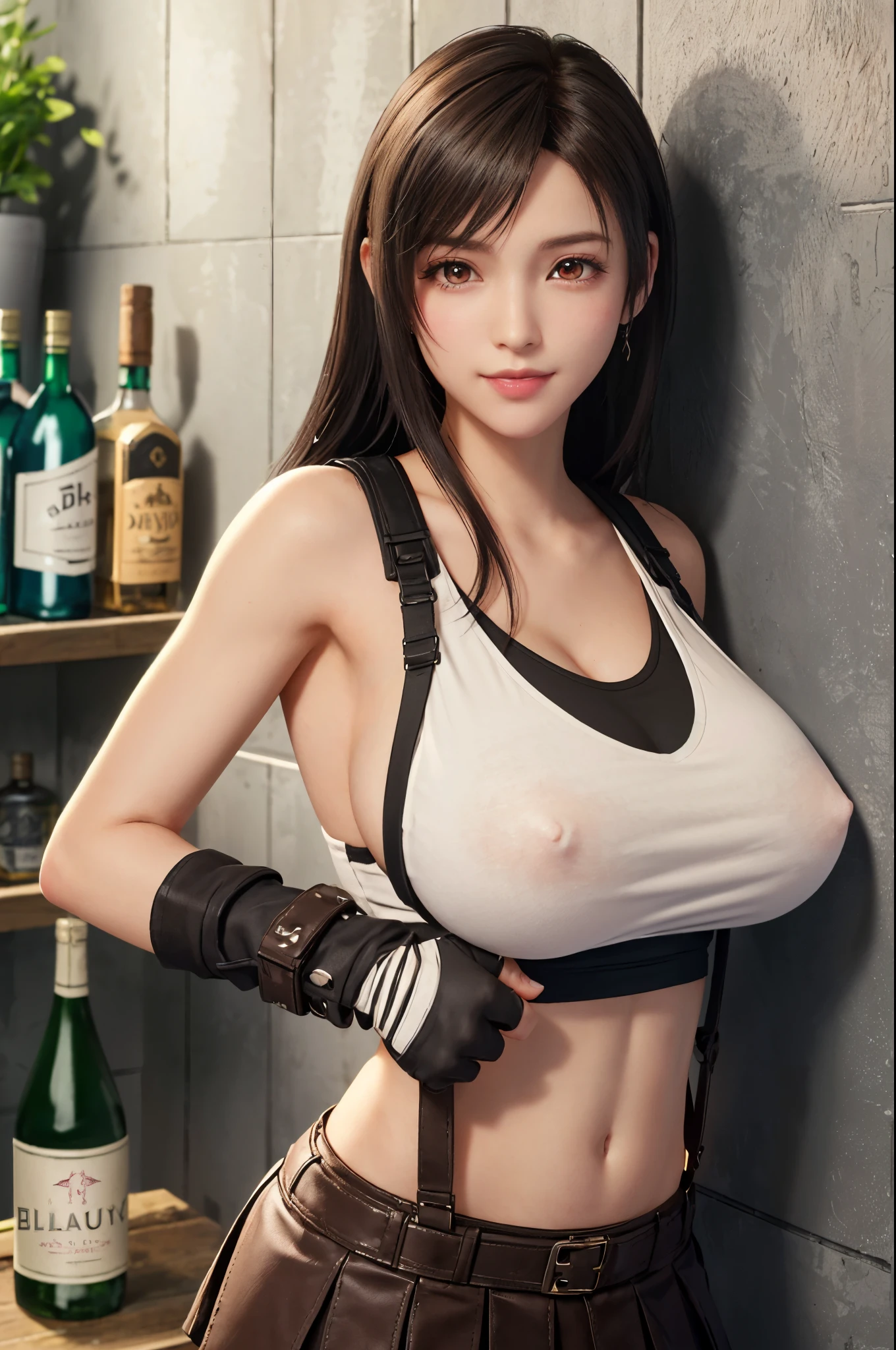 nsfw, (((shirt lift:1.5, showing nipples))), (top quality, masterpiece), (((FF7,Tifa_lockhart))), rocket tits, (((suspender, tank tops, A dark-haired, length hair, elbowgloves))), ((Beautiful detailed red eyes)), (Beautiful highlights of red eyes)), Facial light, navel, High exposure, (((tight mini-skirt))), Exposure of the abdomen. ribs, abs, nsfw, shirt lift:1.5, (showing nipples), (solo), (bar counter), (back bar), (Bottles of liquor all over the wall:1.5), wall shelf, Ultra-detailed face, (((FF7,Tifa_lockhart))), (black brown hair, big breast: 1.8),nsfw, (showing nipples), about 18 years old,kawaii, (seductive smile:1.3), nsfw, shirt lift:1.5, (showing nipples)