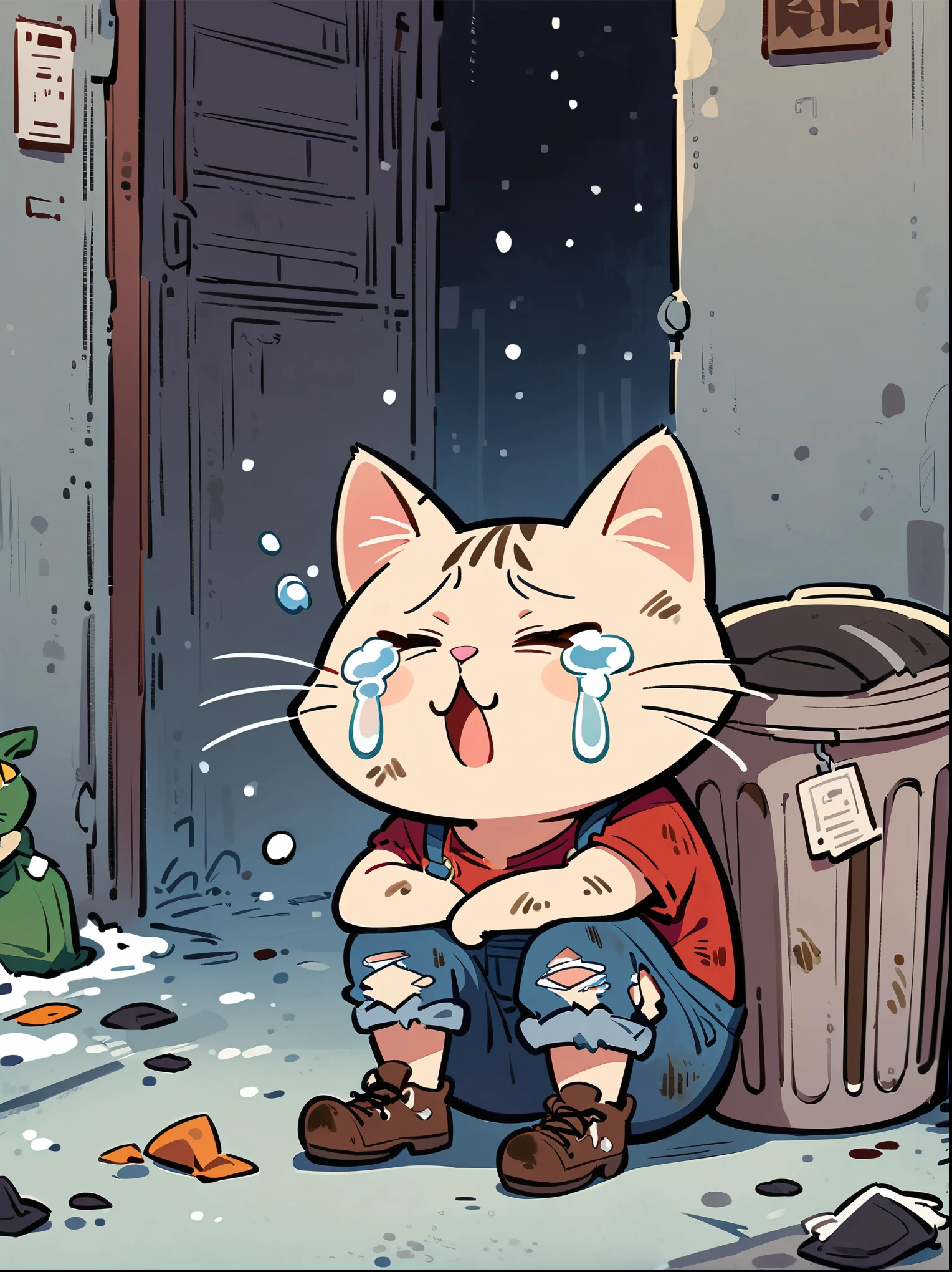 cartoon illustration，simple，late night，heavy snow，（Personification），stray cat，solo，Dirty，Close eyes，cry，Listless，Malaise，decadent，Loose ripped denim ripped overalls overalls，red linen shirt，Tattered leather shoes，Carrying a big bag，Sitting next to a trash can on a dark street corner，Lots of broken trash around，Dirty environment，correct human anatomy