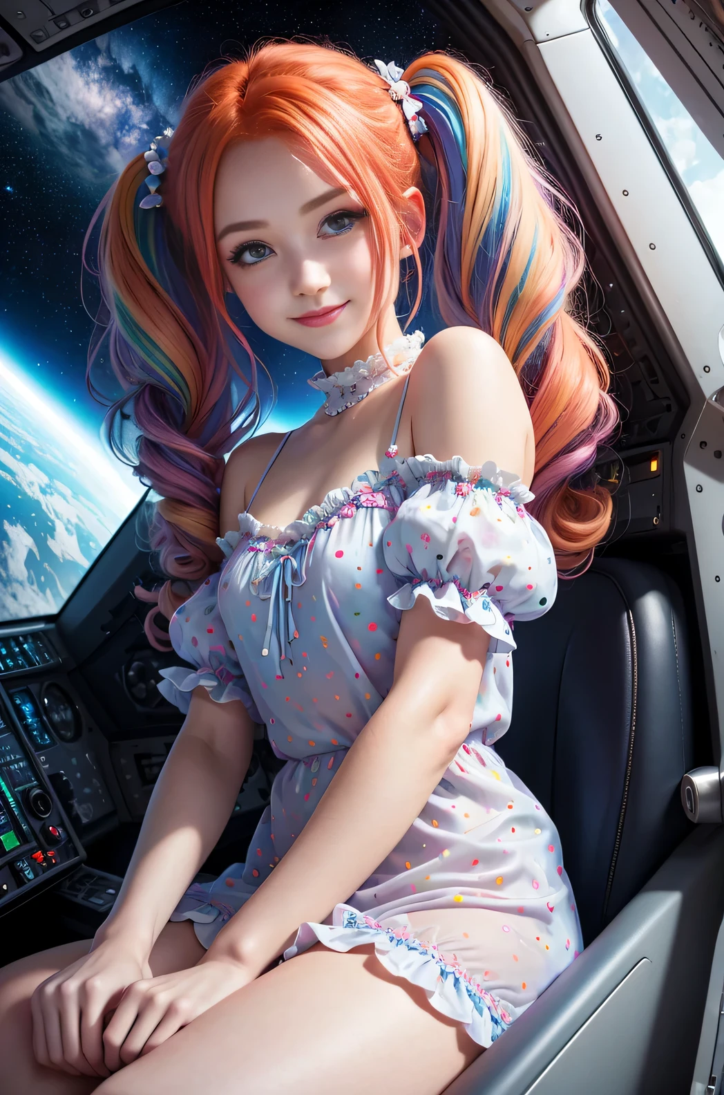 Best Quality, Masterpiece, 8k, RAW (overhead view) Cute redhead with rainbow colored hair tips, ribbons in her hair, 18-year-old woman, happy, smiling, in twin tails, perfect eyes, clear sparkling blue eyes, pale skin, silky smooth skin, flying a fancy metal luxurious space ship, futuristic cockpit, she's a pilot, outer space seen in windows, dark warm lighting, wearing a sheer, see though, pleated (chemise) nightgown (pastel rainbow colors, and polka dots), puffy sleeves.