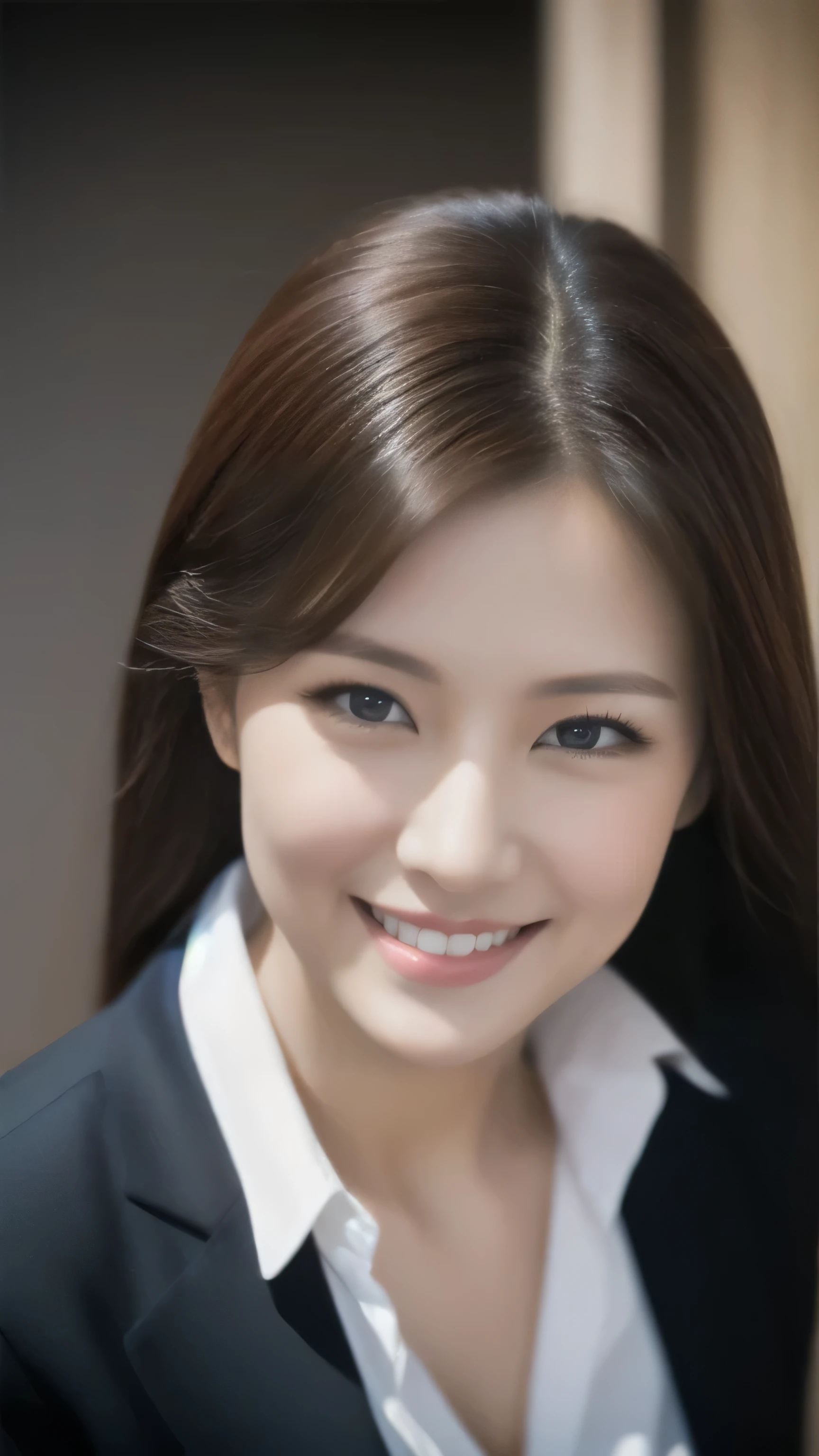 ((1 person))，hostess face、smile、30 years old、married woman、business shirt、high quality、Super realistic、married womanの体型、日本人のmarried woman、 perfect eyes、Shining beautiful skin、business district，shoot from above