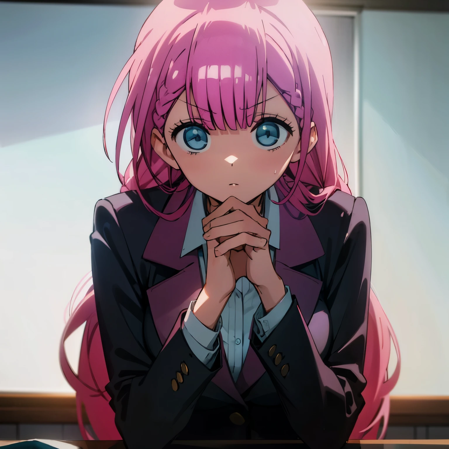 1 girl, alone, mafuyu kirisu, blue eyes, braid, long hair, twin braids, pink hair, BREAK long sleeve, purple skirt, shirt, skirt, suit jacket, white shirt, blazer, REST looking at the viewer, REST inside, in the classroom, BREAK, (masterpiece: 1.2), best quality, high resolution, Unity 8k wallpaper, extremely detailed face, perfect lighting, extremely detailed CG (perfect hands, perfect anatomy), large breasts, medium hips, wide thighs