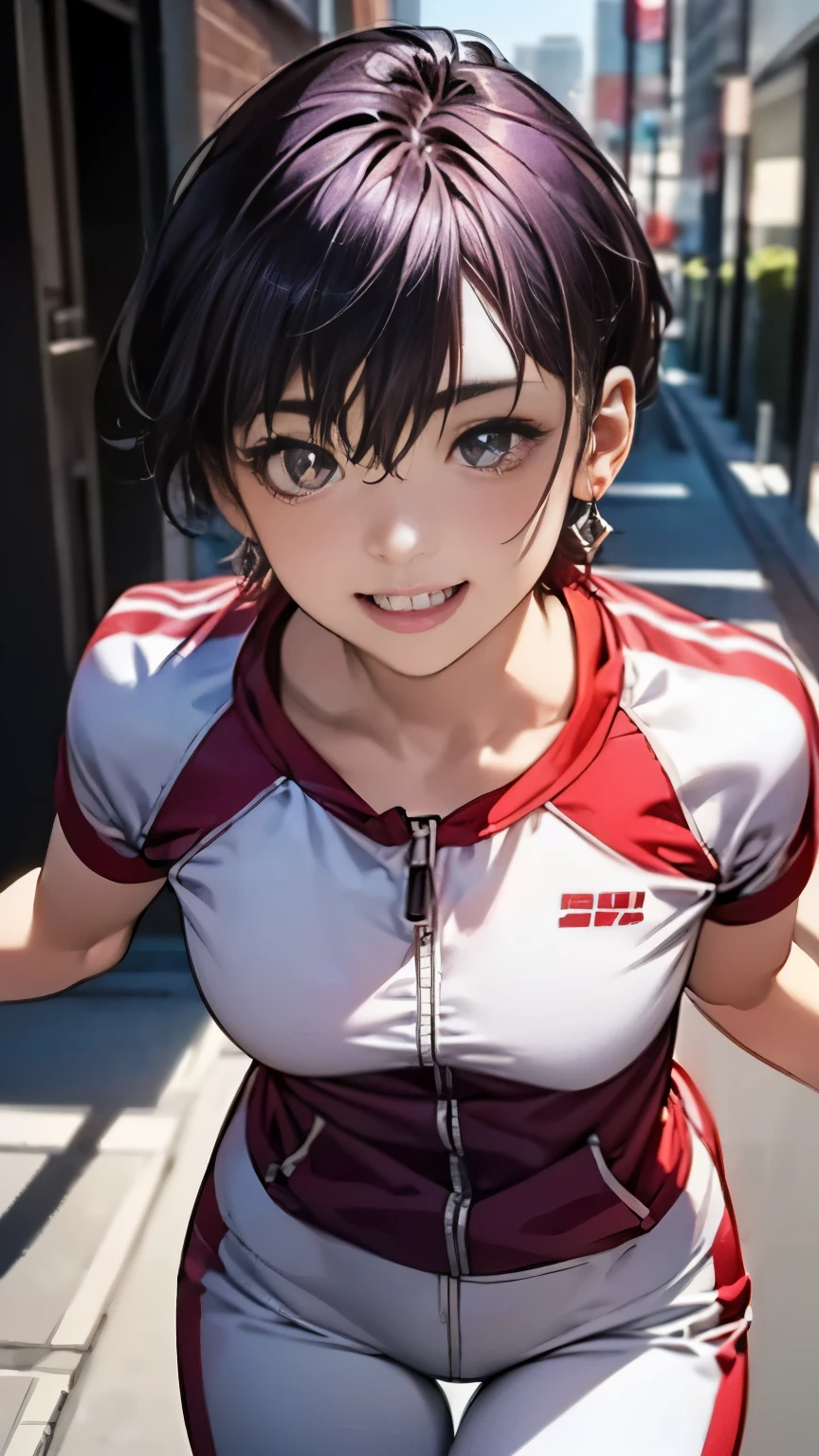(masterpiece:1.2, highest quality), (realistic, photorealistic:1.4), beautiful illustrations, (natural side lighting, movie lighting),
looking at the viewer, (focus on the chest), (From above:1.1), close,
((1 mature woman, Japanese, 28 years old)), High school physical education teacher, perfect face, Cute symmetrical face, shiny skin, baby face,
((very short hair:1.6, shaggy cut, Silver-purple hair)), hair between eyes, The chest of an idol with deep purple eyes, seductive thighs, big ass), earrings,
beautiful hair, beautiful face, thin and beautiful eyes, beautiful clavicle, beautiful body, beautiful breasts, beautiful thighs, beautiful feet, beautiful fingers,
((blue tracksuit, white pants)),
(beautiful scenery), evening, outdoor, walk, (smile, open your mouth),
