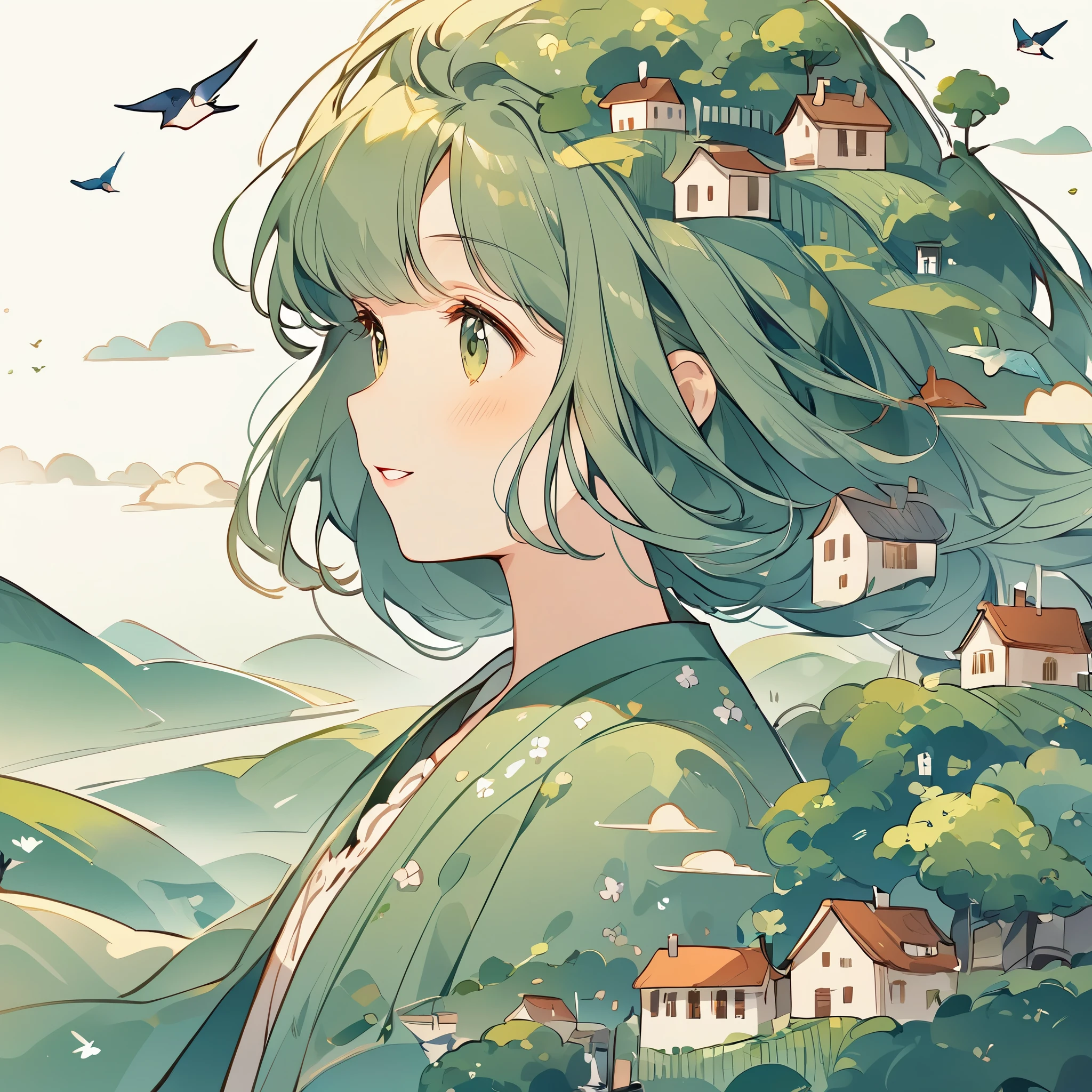 (The girl's head is decorated with whimsical illustrations of houses, swallows), trees and hills in green tones, evoking the charm of a charming rural landscape. The background blends in with her hair, exuding an air of tranquility and creating a harmonious composition that captures the beauty of nature. The illustration symbolizes the harmony between humans and the environment, focusing on the face. ((White background))