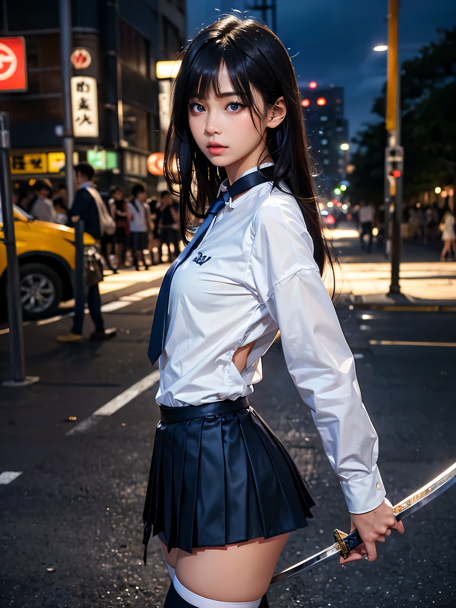 (A woman fighting a giant dragon),((perfect anatomy:1.2,realistic,:1.3,RAW Photography:1.3,masterpiece、highest quality、Ultra - High resolution、High resolution、Highly detailed CG、8K)), ((kill the dragon、Fight with a Japanese sword glaring at the dragon、action pose、holding a Japanese sword、Accurately depicted Japanese sword)),from side,1 female,solo,20-year-old,beauty of japan,beautiful detailed face and eyes,big and gorgeous eyes,gray eyes,(black hair,long hair,blunt bangs), (slender body,small head:1.4, skinny,medium breasts), glowing skin,oily skin,,((white shirt with collar、long sleeve、navy blue tie、navy pleated mini skirt,white_thighhighs)),collapsed building、Shibuya Station、Shibuya Ward、Tokyo、A large number of people running away in the background々、at night、neon、