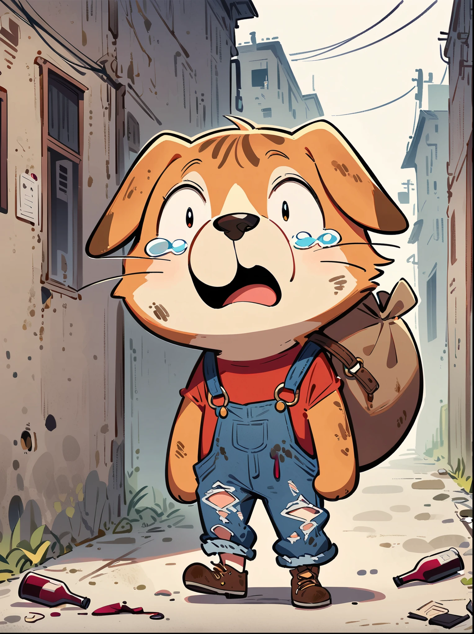 cartoon illustration，simple，depict an anthropomorphic dog，Dirty，eyes dull，Listless，Malaise，decadent，exaggerated expression，Loose ripped denim ripped overalls overalls，red top，Tattered leather shoes，Carrying a big bag behind him，walking in abandoned streets，Many broken wine bottles around，Dirty environment，correct human anatomy