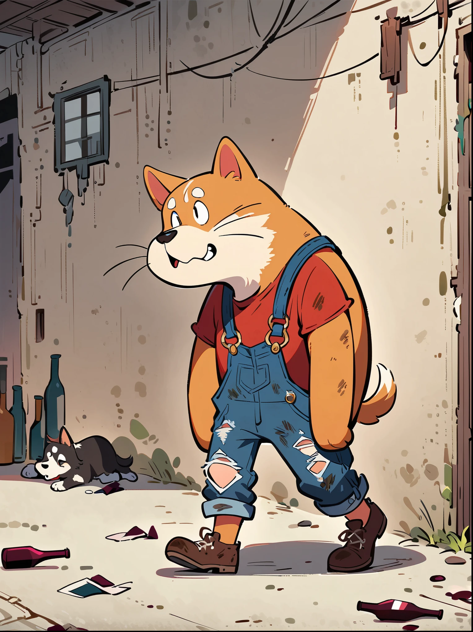 cartoon illustration，simple，depict an anthropomorphic dog，Dirty，eyes dull，Listless，Malaise，decadent，exaggerated expression，Loose ripped denim ripped overalls overalls，red top，Tattered leather shoes，Carrying a big bag behind him，walking in abandoned streets，Many broken wine bottles around，Dirty environment，correct human anatomy