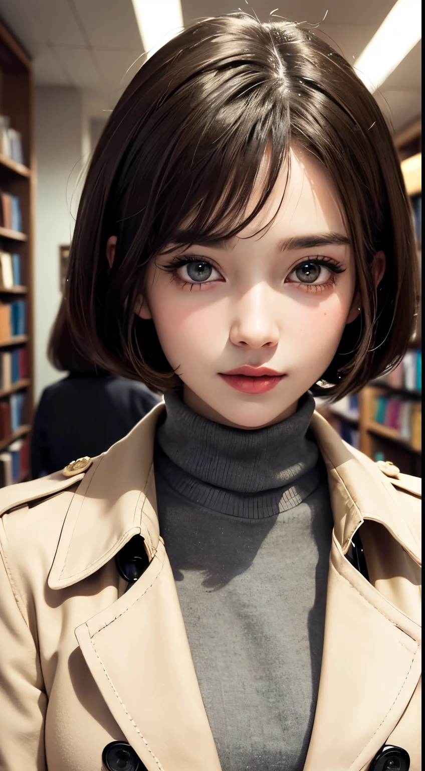 (Uhd, retina, masterpiece, Accurate, anatomically correct, rough skin, Super detailed, advanced details, high quality, 最high quality, High resolution, 1080p, hd, 4k, 8K, 16k), (detailed and beautiful eyes, beautiful detailed lips, highly detailed eyes and face), studio lighting, Physically based rendering, Bright colors, (big breasts, glamorous body), (beige trench coat, turtleneck sweater), (portrait, bob cut, shiny hair, shiny skin, blush), (cafe and bookstore, Bokeh), eye reflection,