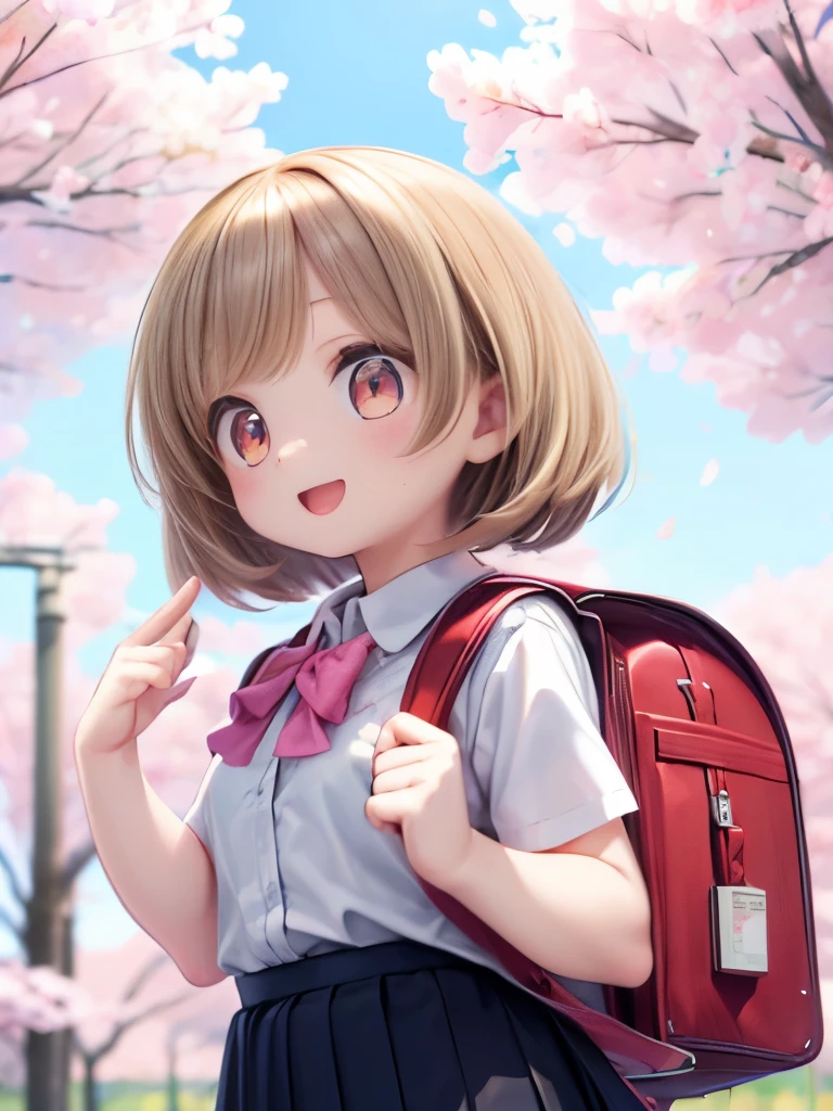 ultra-detailed,(masterpiece:1.2) , (best quality:1.2) , (ultra-detailed:1.2), 2.5D,extremely detailed, an anime girl,masterpiece, best quality, extremely detailed, anime,girl,skirt,cherry blossom,elementary school students red backpack,smile,:d