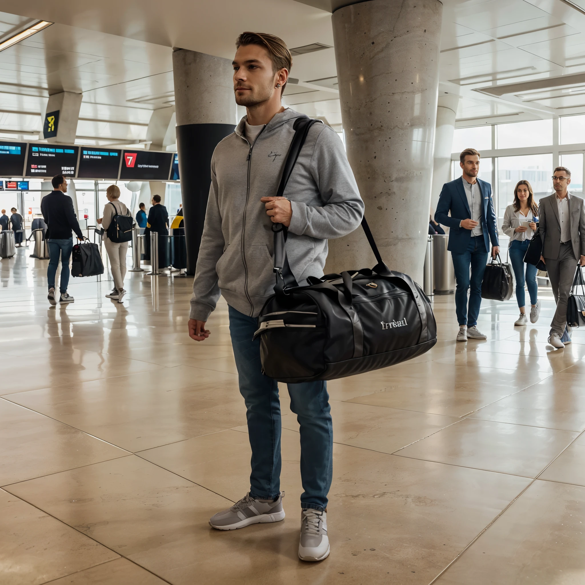 real picture，first person vision，（There is no one in the background：1.3），（bright environment：1.55），（low saturation：1.37），（The background is out of focus：1.37）New York Airport departure hall，（simple ceiling：1.77），（Low reflective floor：1.37），（flat ground：1.37），（light gray marble floor：1.55），（simple ceiling：1.77），（Modern style airport departure hall：1.55），（Gray and white interior design style：1.55）a handsome one（swedish man:1.38）Carrying a duffel bag，a handsome one（swedish man:1.38）， (Golden brown short hair：1.55)， (Golden brown short hair：1.55)，Smile，（Light gray top：1.37），jeans，sports shoes，, 3/4 views, full height view, Carrying a big bag, full body wide angle lens, Full body view from a distance, , Official product images, Sportswear, 3/4 side view, full length view，(masterpiece)), ((best quality:1.2)), High resolution, 8K, (photorealist:1.4), (Plants for Instagram, elegant:1.2)，A pair of deep and sharp eyes， a serious mouth, well-proportioned ears，Well defined earlobes. Have a straight and prominent nose,