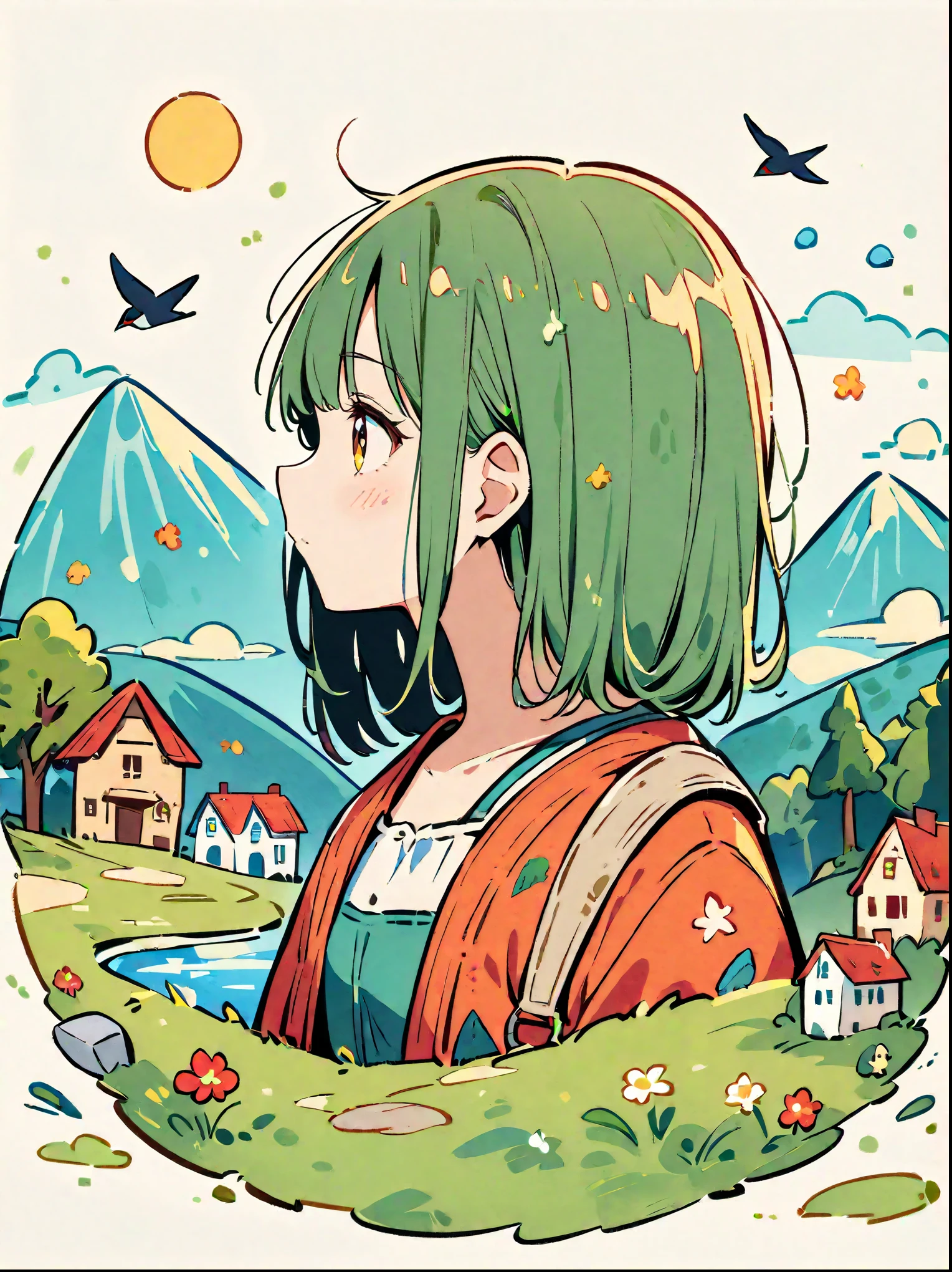 cartoon illustration，simple，（Girl&#39;s profile picture is decorated with peculiar houses、Swallow illustration）、Trees and hills in green tones，Evoke the charm of charming rural landscapes。The background blends in with her hair，exudes tranquility，the composition created，Capture the beauty of nature。Symbolizing human beings and the environment，Focus on the face。((White background))