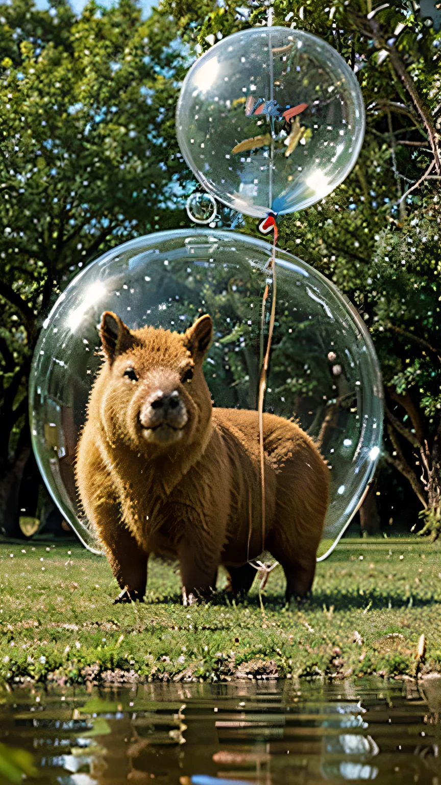 Micro Gacha,Macro,Several cute capybaras,Grazing,There is a little capybara inside the bubble,Happy expression,Lying by the lake in the park,Looking sideways at the balloon,A cute squats by the lake and looks at capybaras,一臉Happy expression,3d,whole body,high detail,The light is very delicate