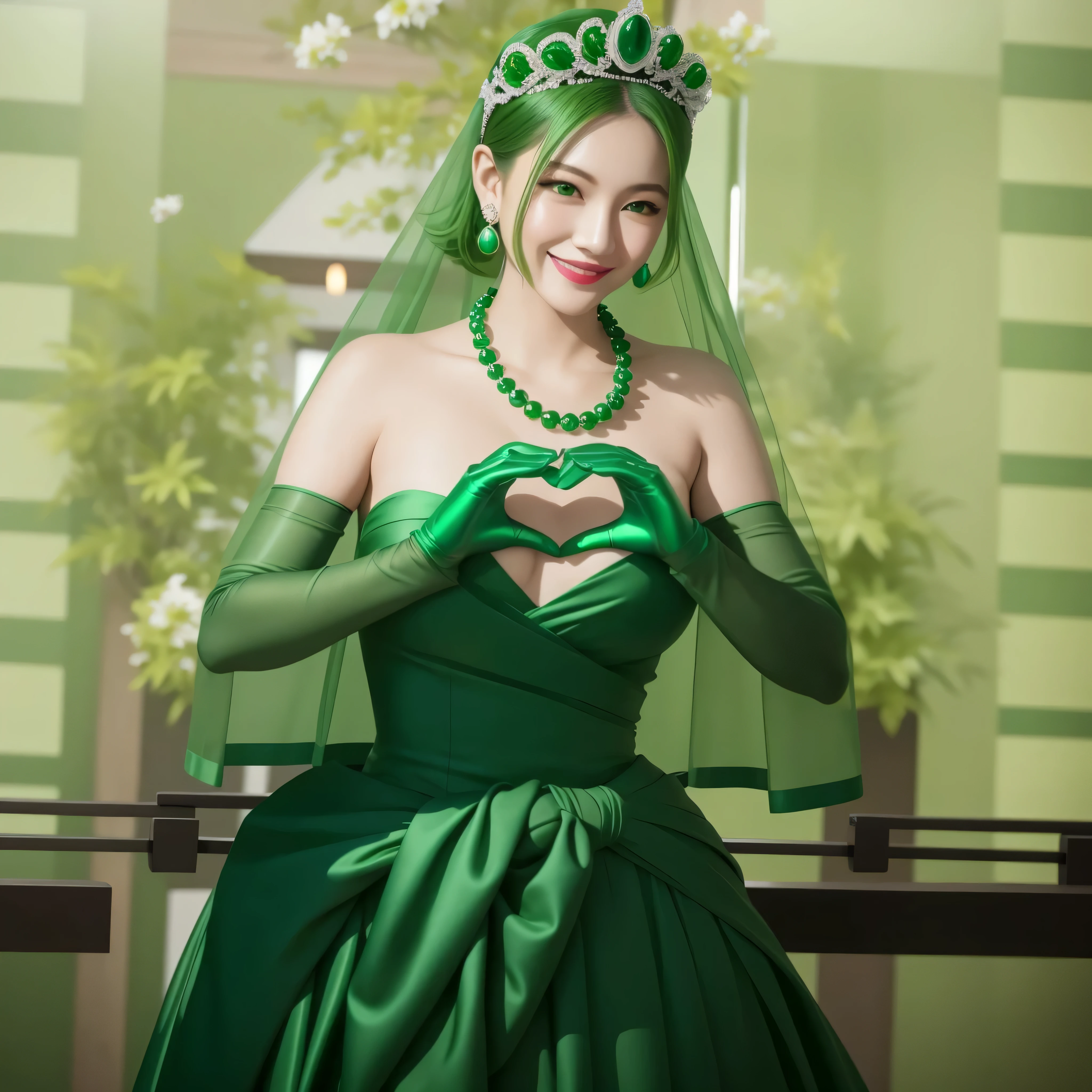 emerald tiara, green pearl necklace, ボーイッシュな非常に短いgreen hair, green lips, smiling Japanese woman, very short hair, Beautiful woman with big breasts, green eyes, green satin long gloves, green eyes, emerald earrings, green veil, Heart with both hands, green hair, beautiful japanese woman, heart shaped hands:1.3, green lip gloss