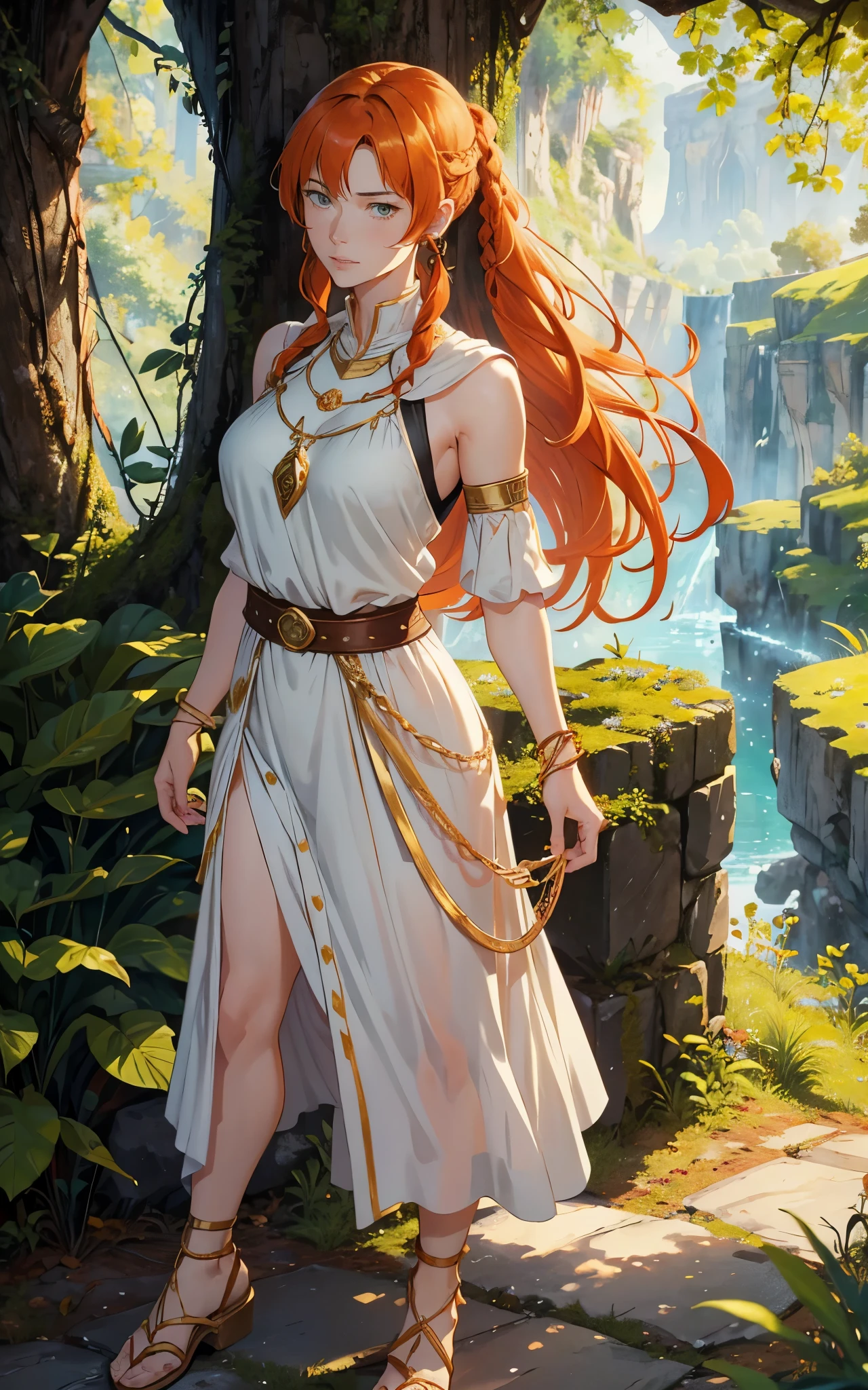 Flamme, (young Lena Headey:Evangeline Lilly), A 35-year-old woman with orange hair, green eyes, sideburns, one large braid, a gold necklace with a ruby pendant, dressed in a white Greek tunic and Roman sandals, with gold bracelets on her arms, forest in the background, masterpiece, hyperdetailed,((1girl)) ,bangs,braided ponytail,single braid,orange hair,very long hair,sidelocks,red earrings,hair over one eye,