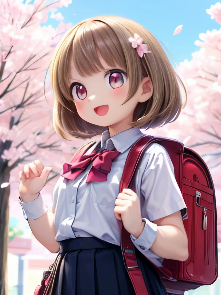 ultra-detailed,(masterpiece:1.2) , (best quality:1.2) , (ultra-detailed:1.2), 2.5D,extremely detailed, an anime girl,masterpiece, best quality, extremely detailed, anime,girl,skirt,cherry blossom, red backpack,smile,:d