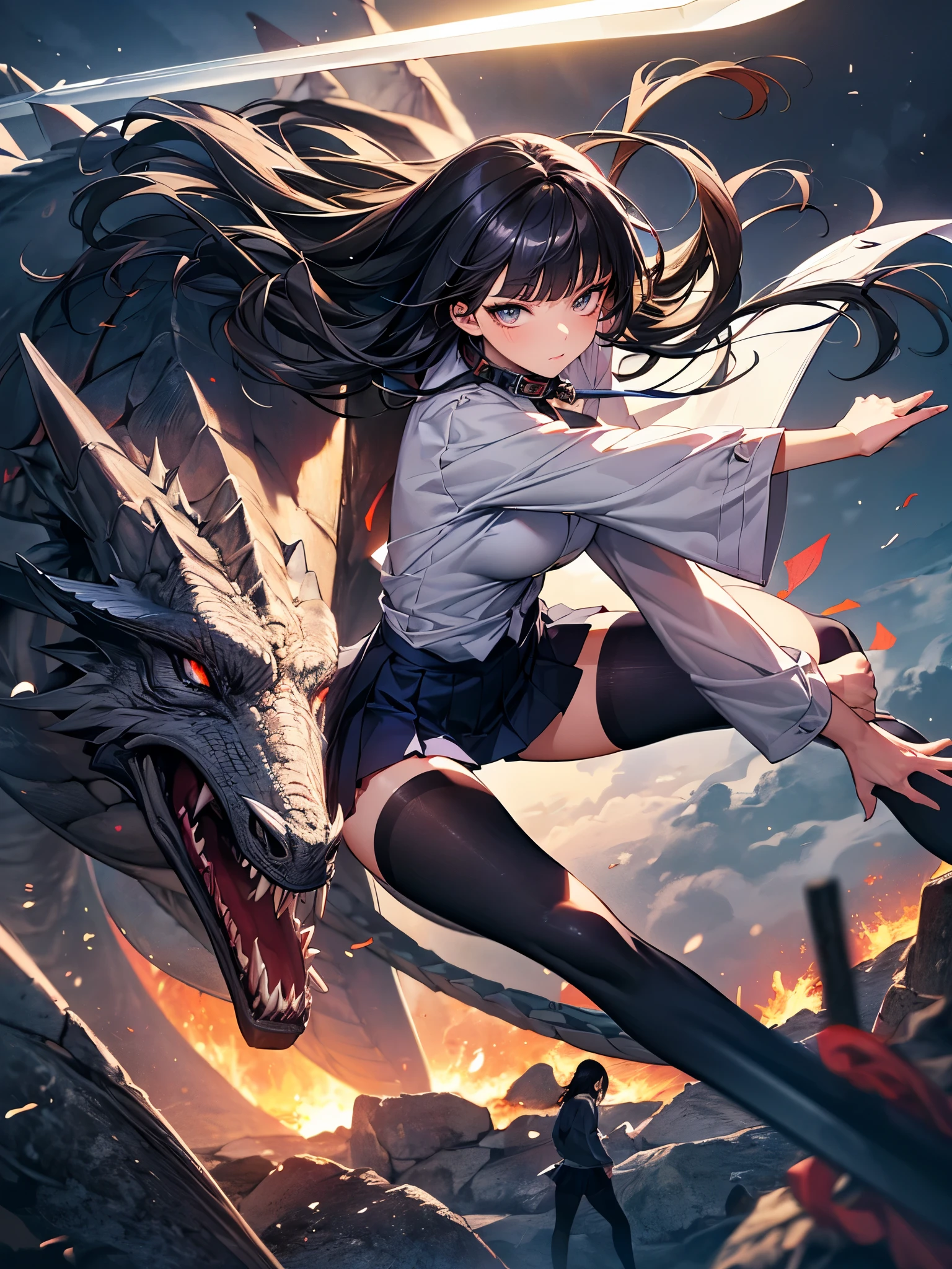 (A woman fighting a giant dragon),((perfect anatomy:1.2,realistic,:1.3,RAW Photography:1.3,masterpiece、highest quality、Ultra - High resolution、High resolution、Highly detailed CG、8K)), ((kill the dragon、Fight with a Japanese sword glaring at the dragon、action pose、holding a Japanese sword、Accurately depicted Japanese sword)),from side,1 female,solo,20-year-old,beauty of japan,beautiful detailed face and eyes,big and gorgeous eyes,gray eyes,(black hair,long hair,blunt bangs), (slender body,small head:1.4, skinny,medium breasts), glowing skin,oily skin,,((white shirt with collar、long sleeve、navy blue tie、navy pleated mini skirt,white_thighhighs)),collapsed building、Shibuya Station、Shibuya Ward、Tokyo、A large number of people running away in the background々、at night、neon、