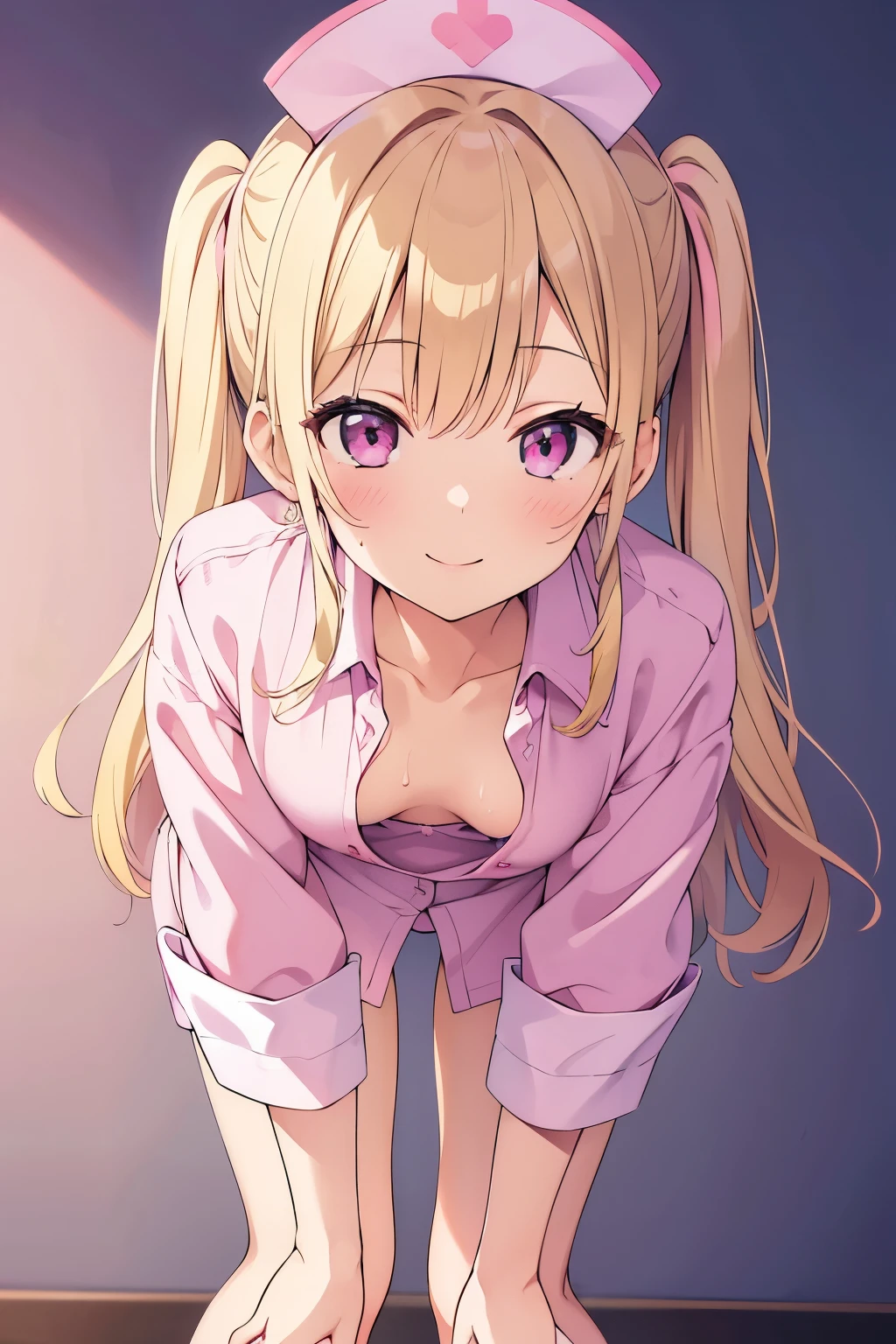 masterpiece, best quality, 1 girl, detailed beautiful face, ((pink nurse)), bent over, down blouse, sort hair, waved hair, twintail, blonde hair, nurse uniform with a few buttons unbuttoned, smiling, (small breast), (flat chest), sweat, smiling