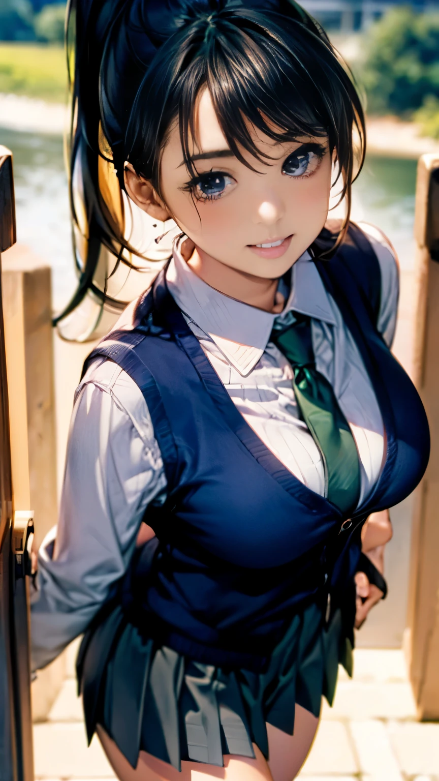 (masterpiece:1.2, highest quality), (realistic, photorealistic:1.4), beautiful illustrations, (natural side lighting, movie lighting), 
looking at the viewer, cowboy shot, Front view:0.6, 1 girl, Japanese, high school girl, perfect face, Cute symmetrical face, shiny skin, 
(ponytail:1.7, straight hair:1.5, side lock, black hair), parted bangs, emerald green eyes, long eyelash, (big breasts:0.9, thick thighs), 
beautiful hair, beautiful face, detailed and beautiful eyes, beautiful clavicle, beautiful body, beautiful breasts, beautiful thighs, beautiful feet, beautiful fingers, 
((white long sleeve collared shirt, gray pleated mini skirt, navy socks, brown loafers, Dark green tie, black cardigan vest)), pink panties, 
(beautiful scenery), evening, riverside, walk, put your hand on your chest, (cute smile, upper eye), 