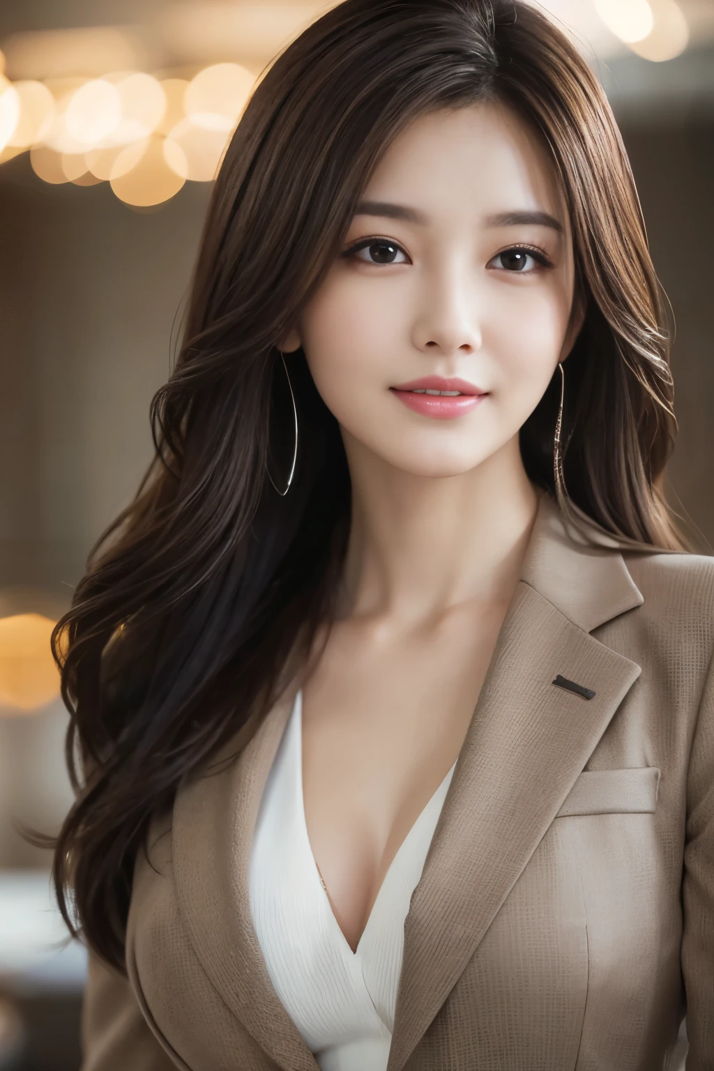 table top, highest quality, realistic, Super detailed, finely, High resolution, 8k wallpaper, 1 beautiful woman,, light brown messy hair, wearing a business suit, sharp focus, perfect dynamic composition, detailed and beautiful eyes, fine hair, Detailed and realistic skin texture, smile, close-up portrait, model body shape