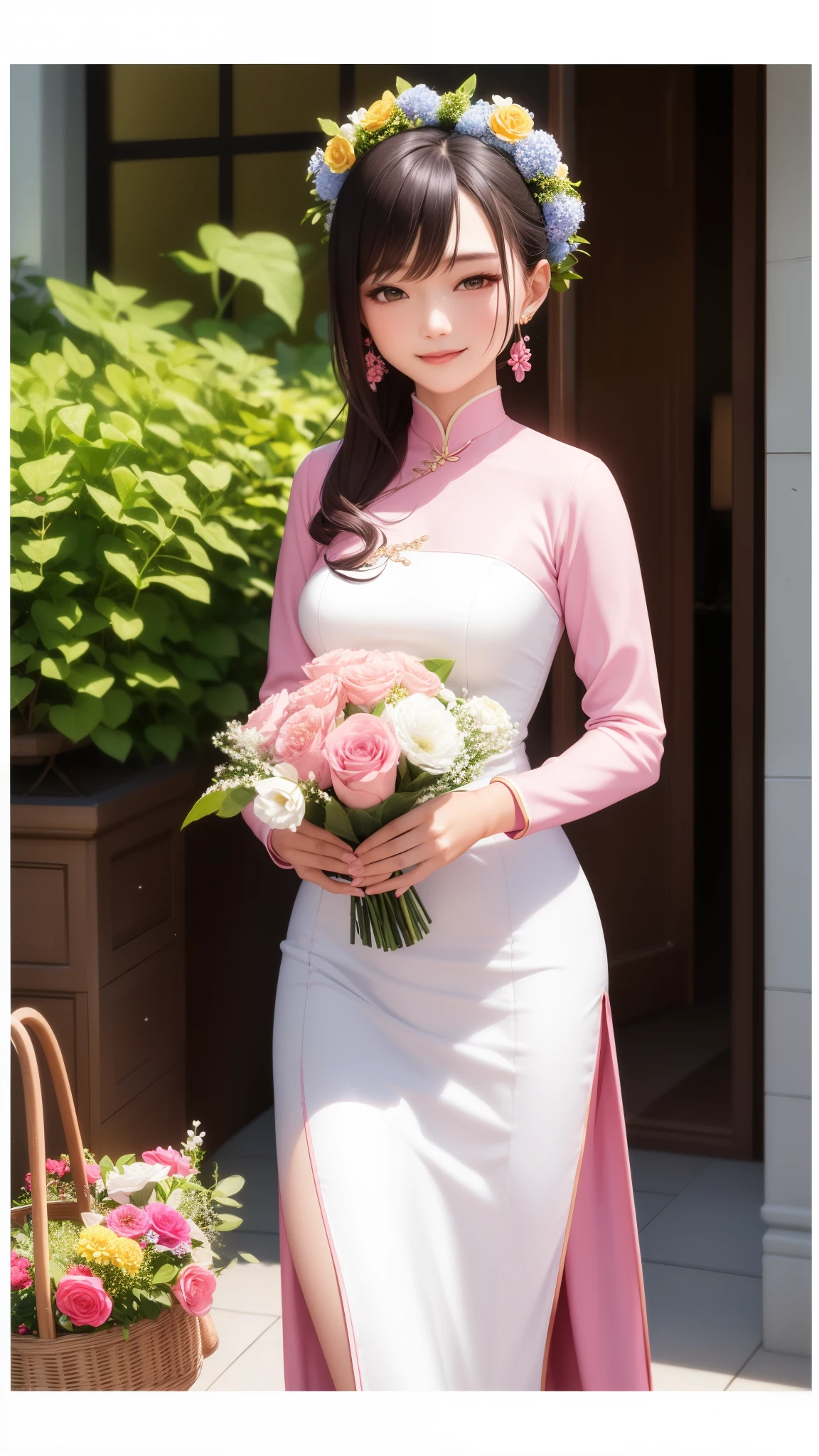 aodai, smile, photographed on a Nikon Z7 II Mirrorless Camera,120mm F/4 wide-angle
a woman in a pink dress  with flowers in it and a (basket of flowers), Ding Yunpeng, phuoc quan, a stock photo, art photography
a woman in a white dress holding a bouquet of...