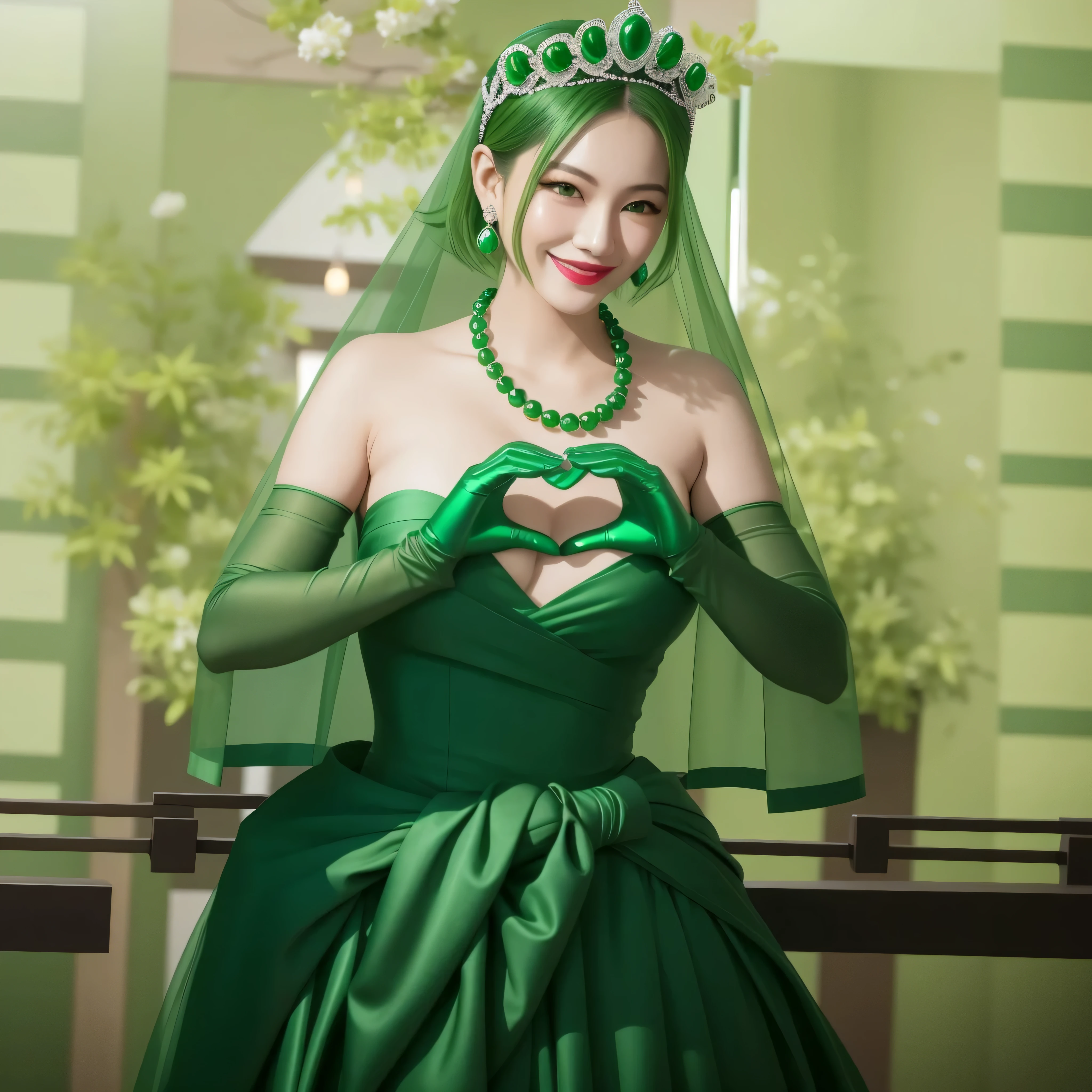 emerald tiara, green pearl necklace, ボーイッシュな非常に短いgreen hair, green lips, smiling Japanese woman, very short hair, Beautiful woman with big breasts, green eyes, green satin long gloves, green eyes, emerald earrings, green veil, Heart with both hands, green hair, beautiful japanese woman, heart shaped hands:1.3, green lip gloss