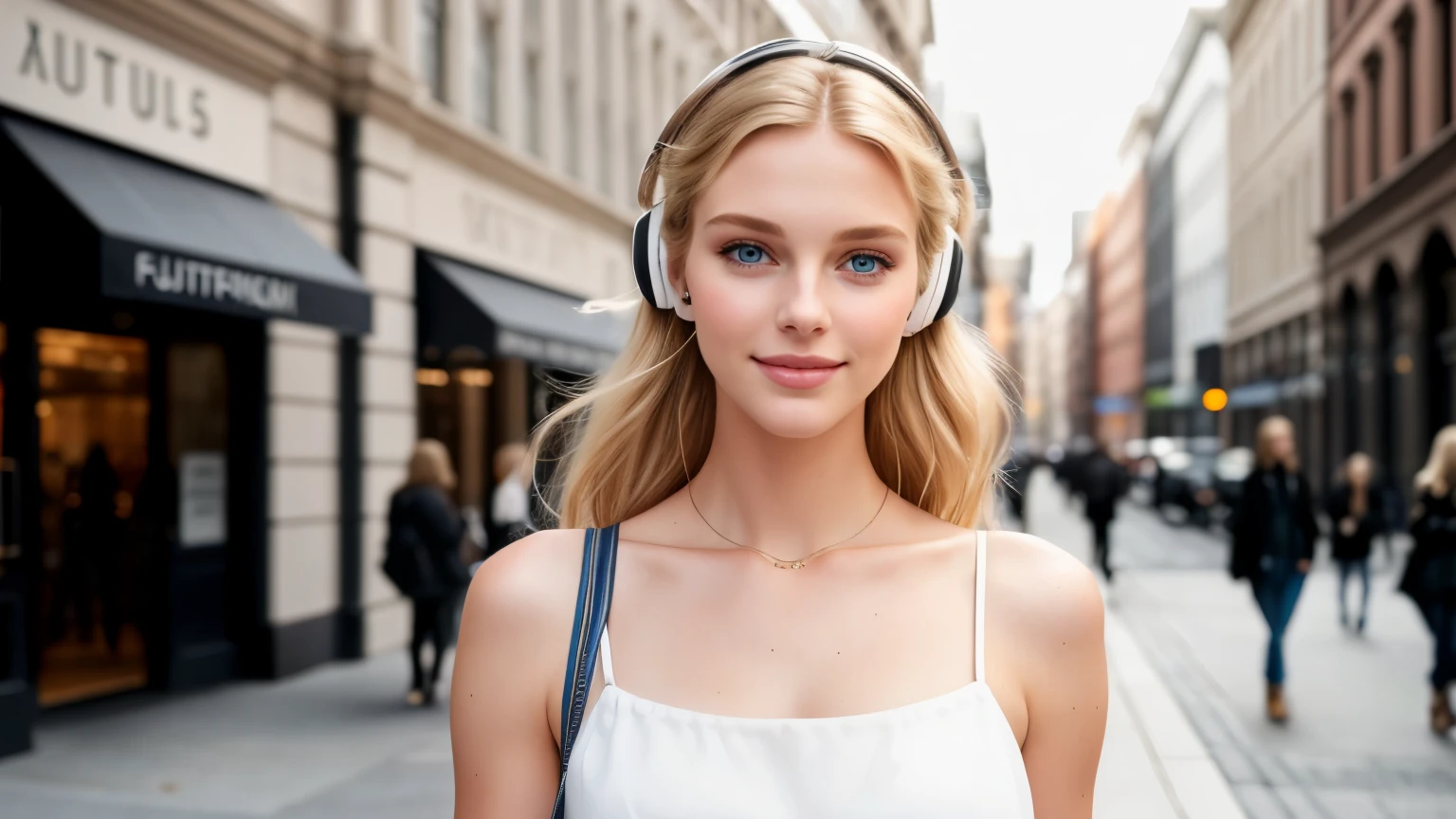 beautiful 18yo american supermodel walking, smiling, looking at viewer, slender figure, blonde, detailed face, realistic eyes, detailed eyes, facing straight at camera, fujifilm xt3, wearing AirPods, (headphone)
