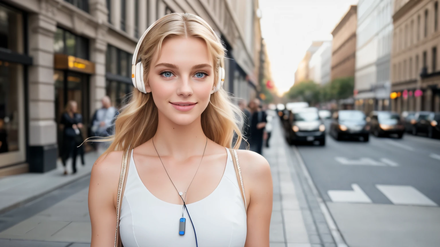 beautiful 18yo american supermodel walking, smiling, looking at viewer, slender figure, blonde, detailed face, realistic eyes, detailed eyes, facing straight at camera, fujifilm xt3, wearing AirPods, (headphone)