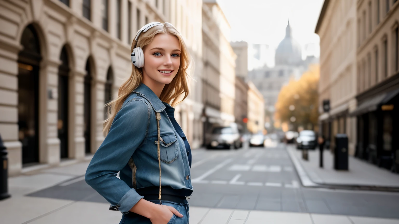 beautiful 18yo american supermodel walking, smiling, looking at viewer, slender figure, blonde, detailed face, realistic eyes, detailed eyes, facing straight at camera, fujifilm xt3, wearing AirPods, (headphone)