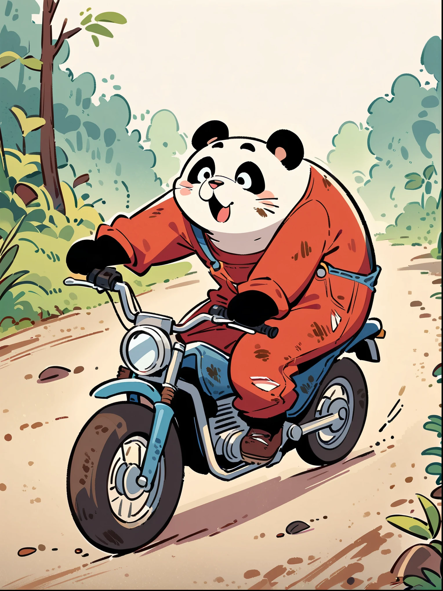 cartoon illustration，simple，Depicting an anthropomorphic panda，Dirty，eyes dull，Listless，Malaise，decadent，exaggerated expression，Loose ripped denim ripped overalls overalls，red top，Tattered leather shoes，Riding a dirt bike，Driving on the long road，many plants around，Secluded surroundings，correct human anatomy